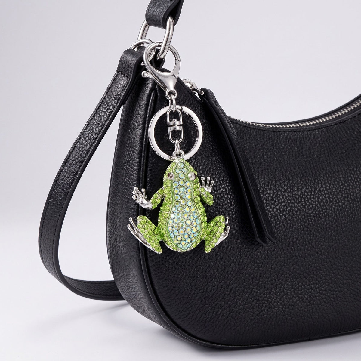 Green Frog Rhinestone Keychain Bag Charm with Lobster Clasp and Key Ring
