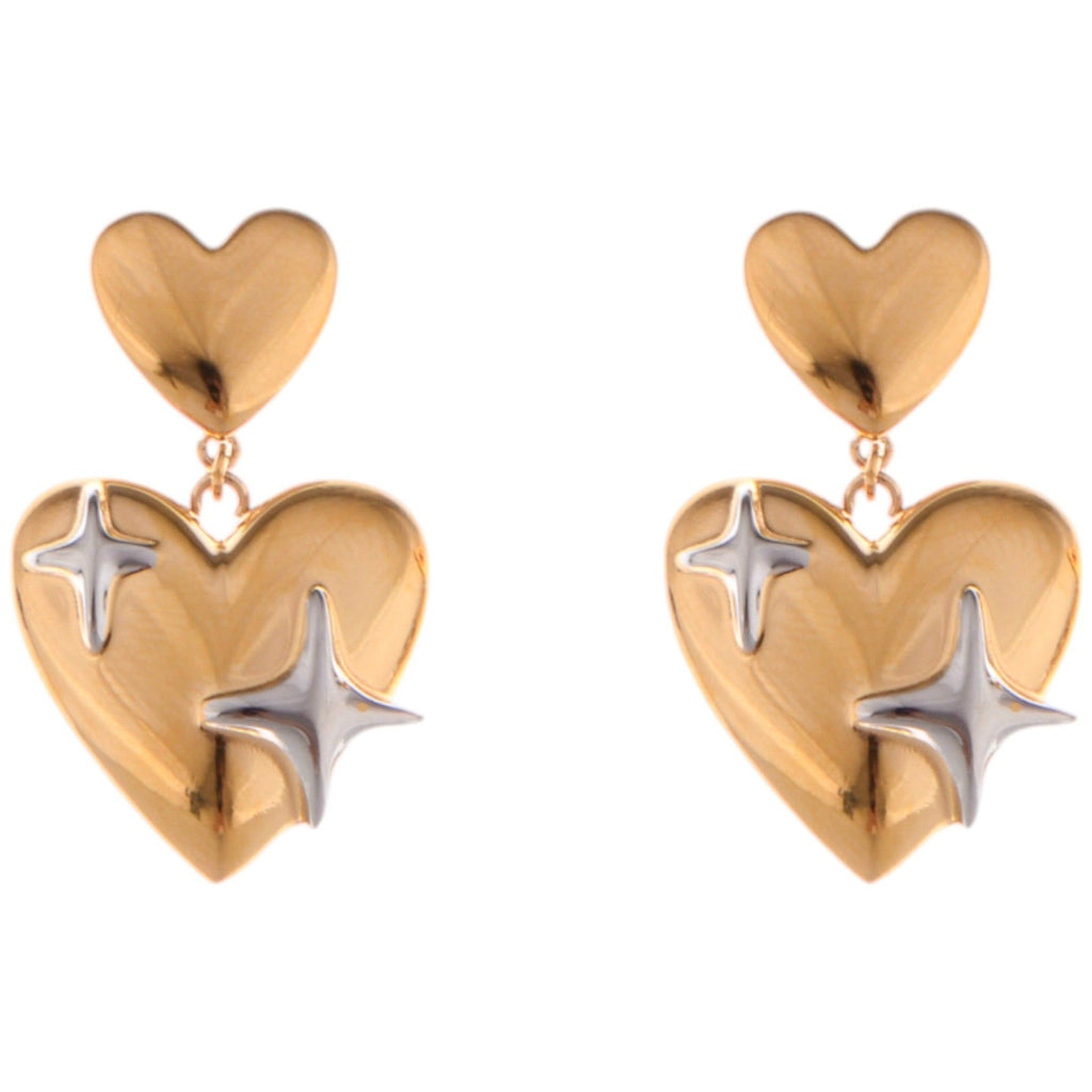 Gold Tone Heart Dangle Fashion Earrings with Silver Star Accents