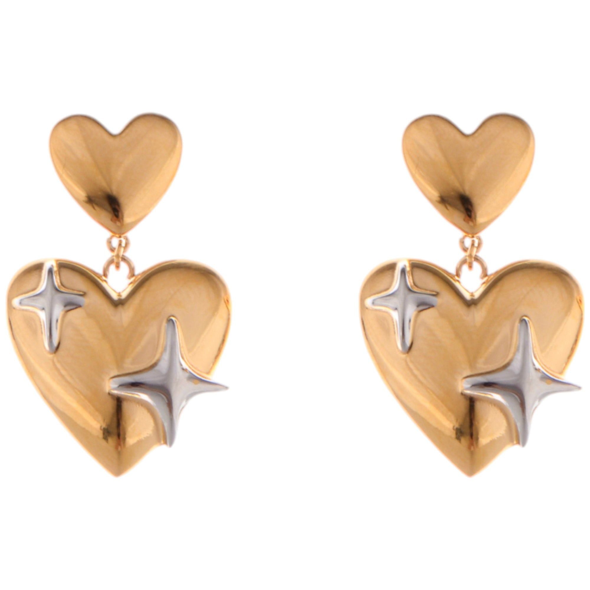 Gold Tone Heart Dangle Fashion Earrings with Silver Star Accents