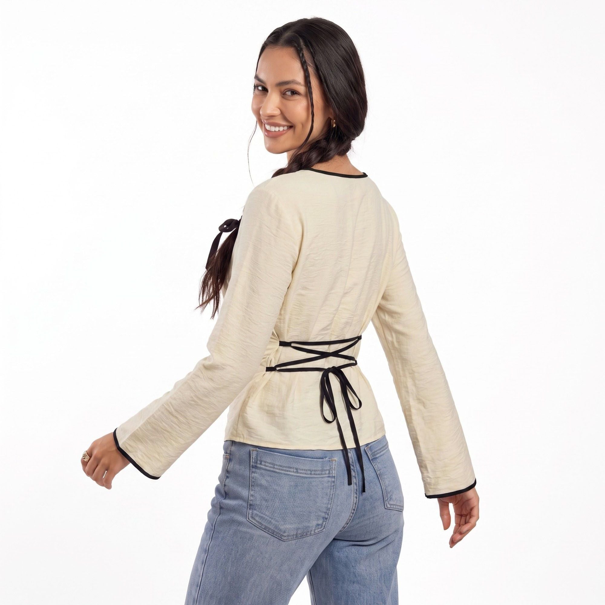 Contrast Trim Long Sleeve Top Boat Neck Ruched Waist Flared Cuffs
