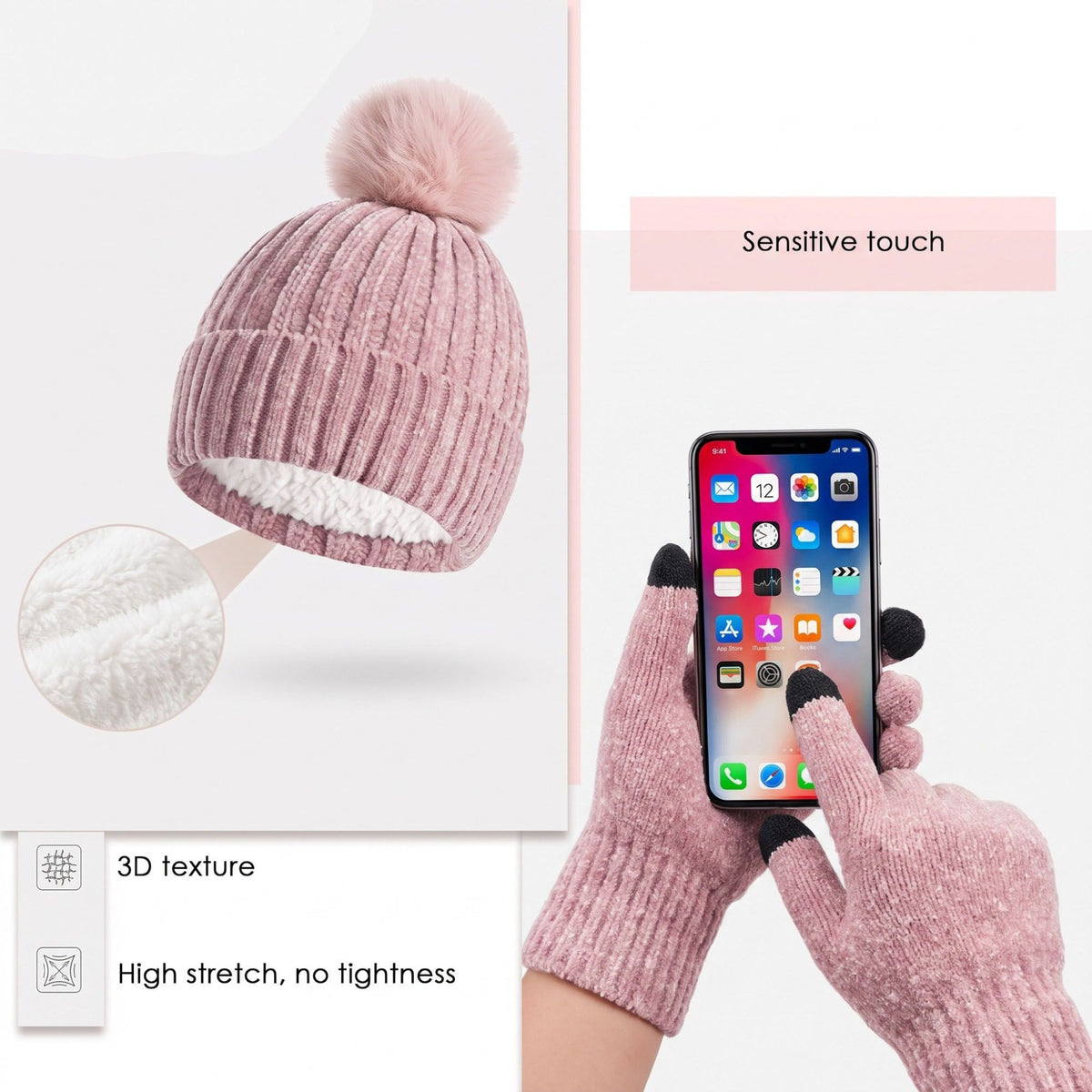 3 Piece Pom Beanie Scarf and Touchscreen Gloves Winter Set