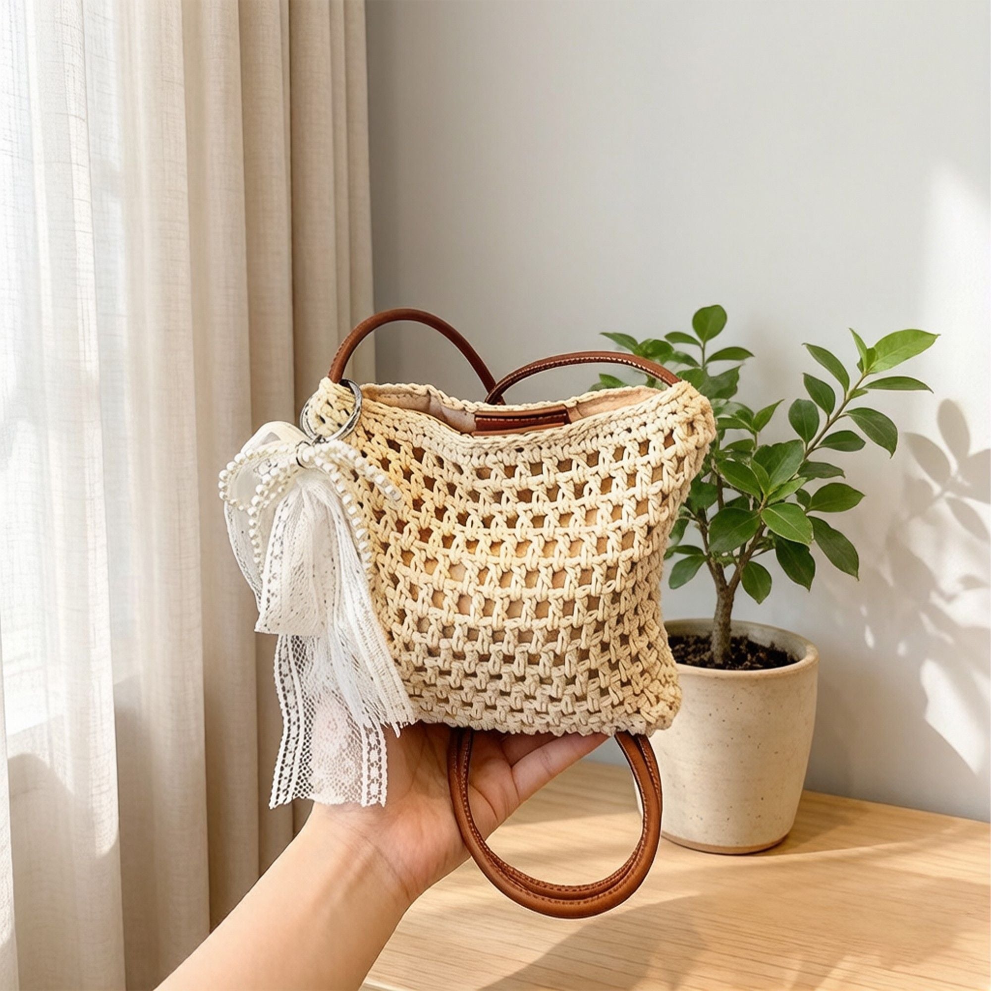 Crochet Crossbody Bag with Lace Bow Detail Lightweight Knit Shoulder Bag Small Casual Handbag