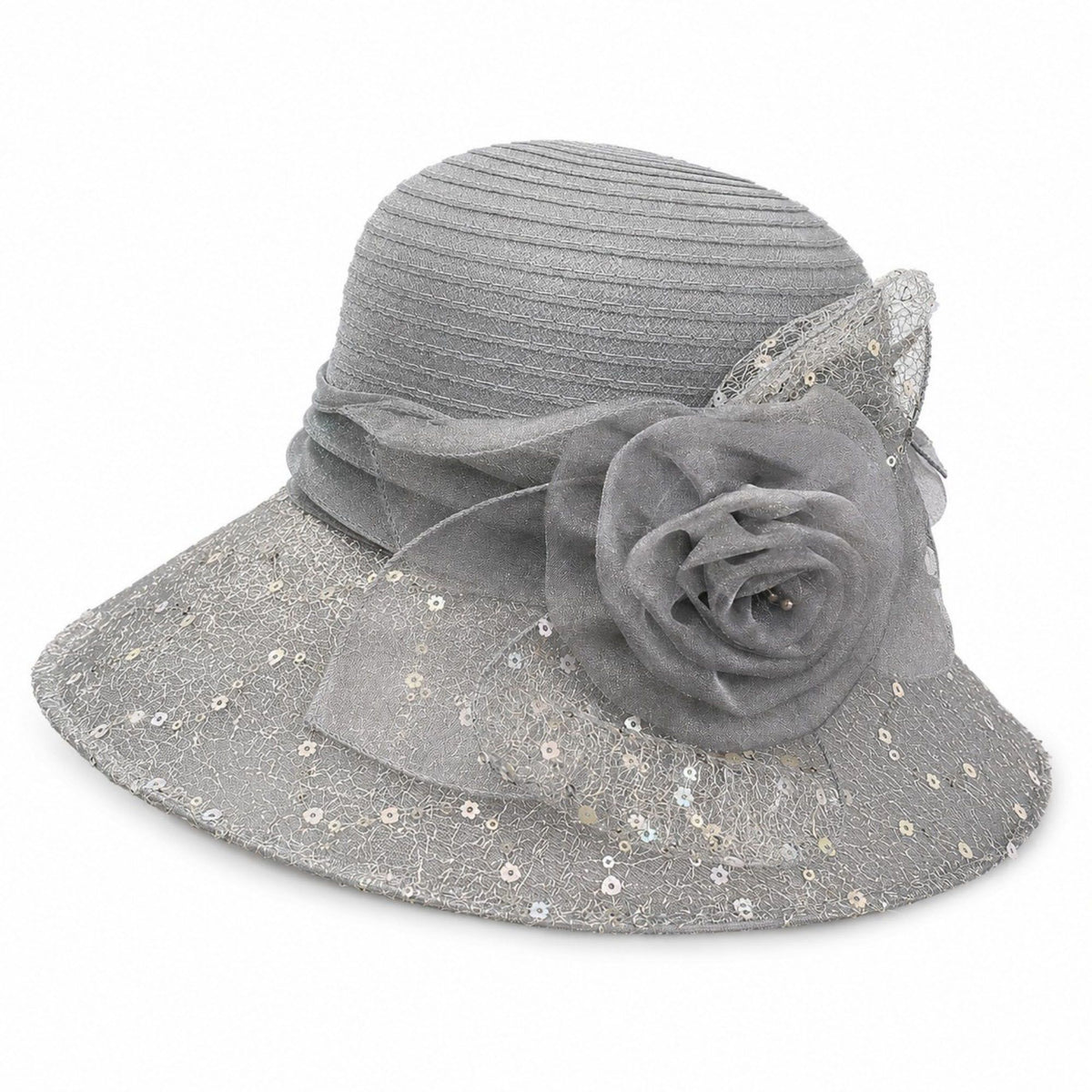 White women's sun hat with floral and sequin