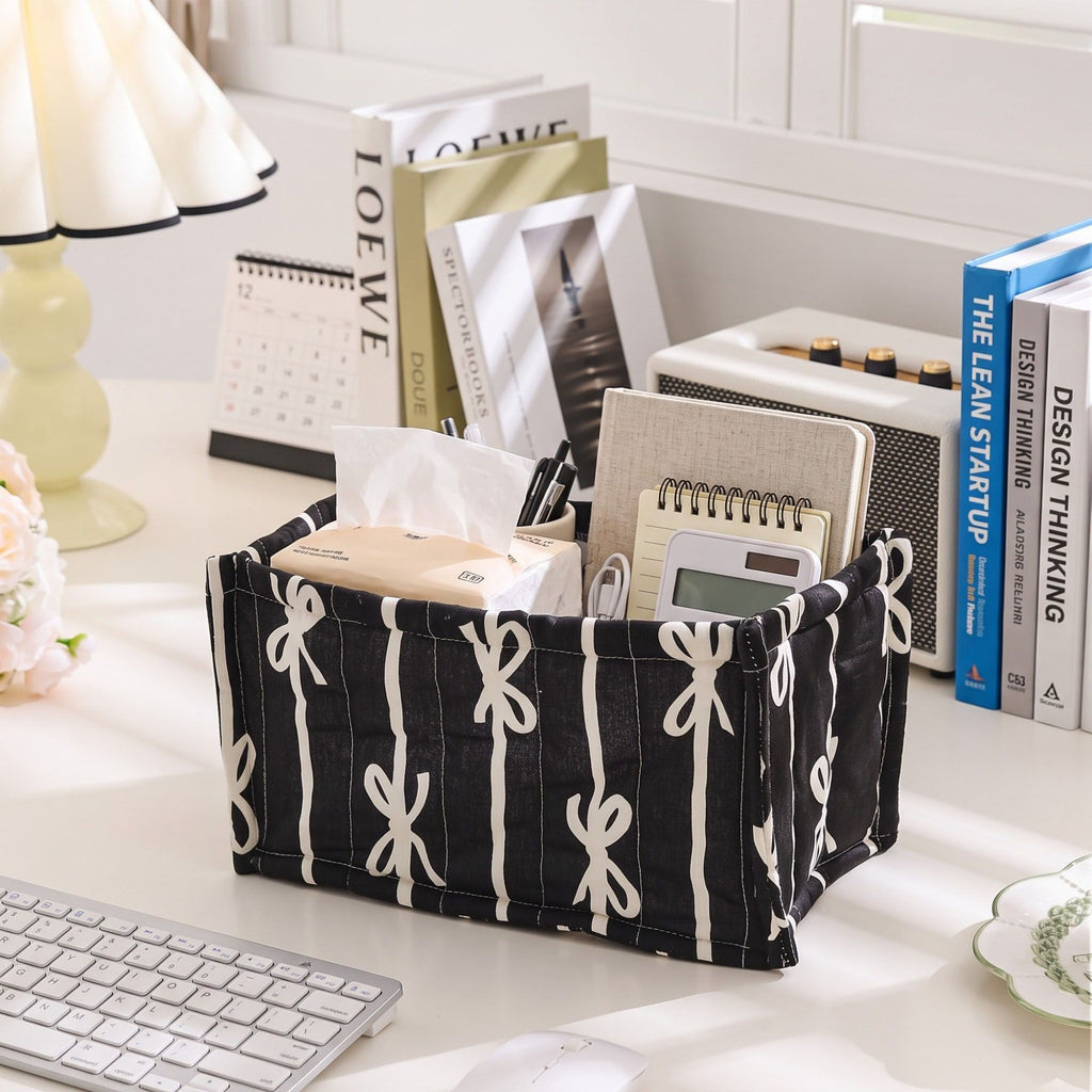 Quilted Bow Print Fabric Storage Bin Open Top Organizer Basket