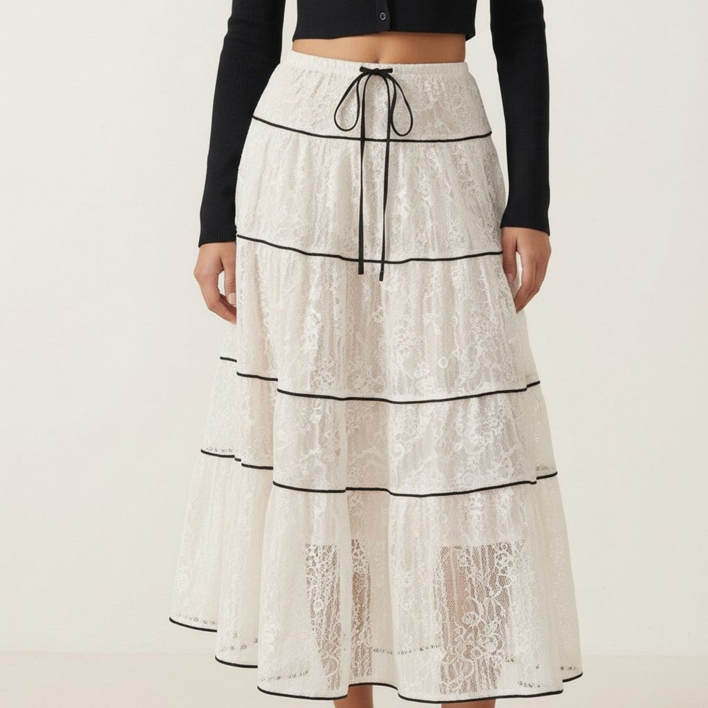 Anna-Kaci Women's 2 Piece Set Long Sleeve Crop Top Button Front Tiered Lace Maxi Skirt Outfit