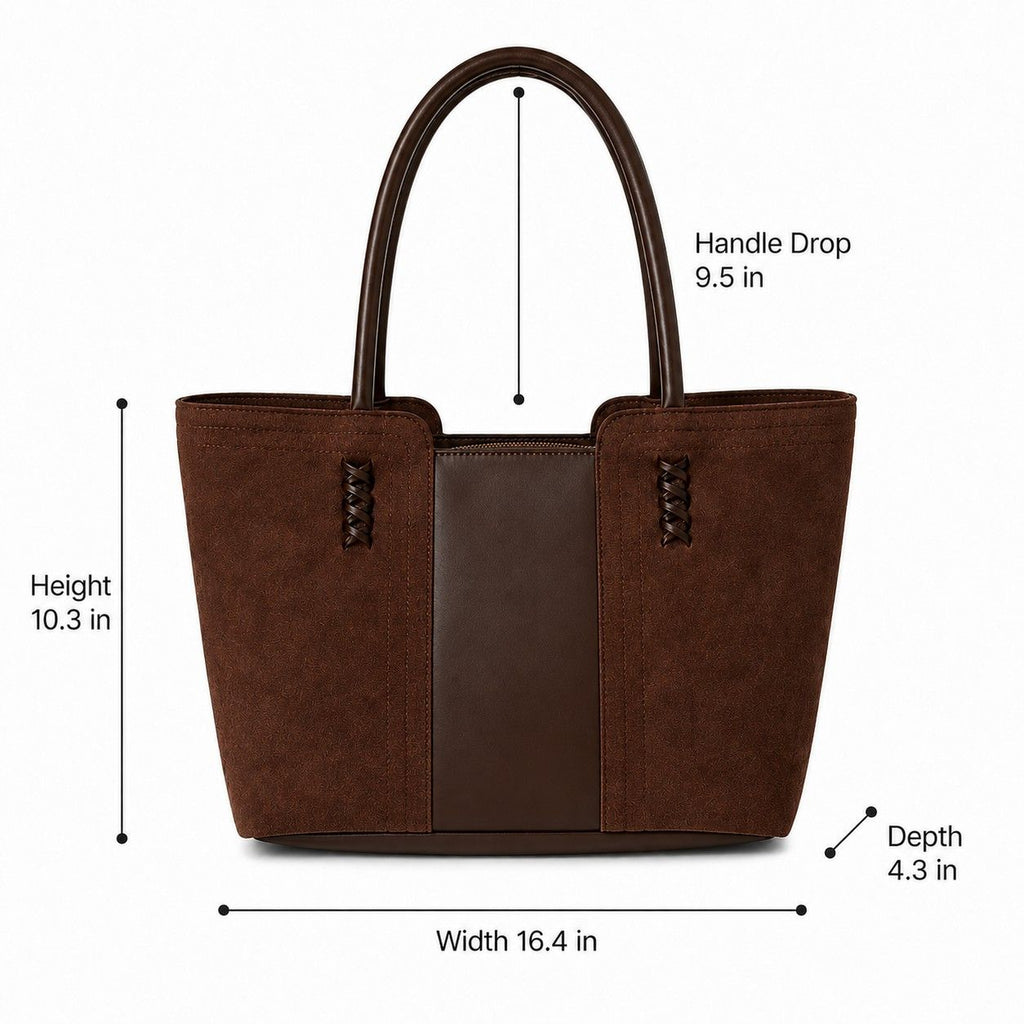 Faux Suede Tote Bag with Double Shoulder Handles Zip Closure and Interior Pockets