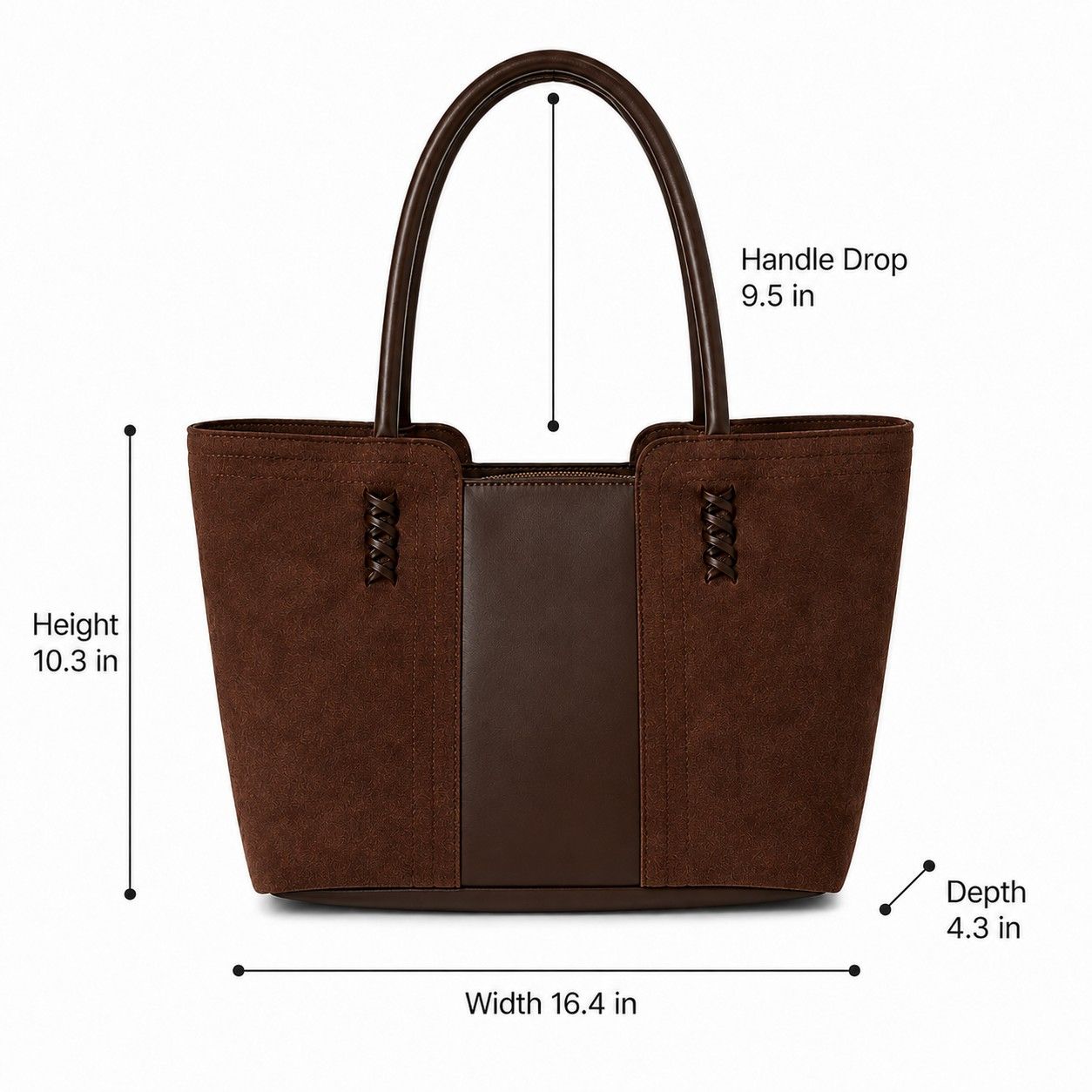 Faux Suede Tote Bag with Double Shoulder Handles Zip Closure and Interior Pockets