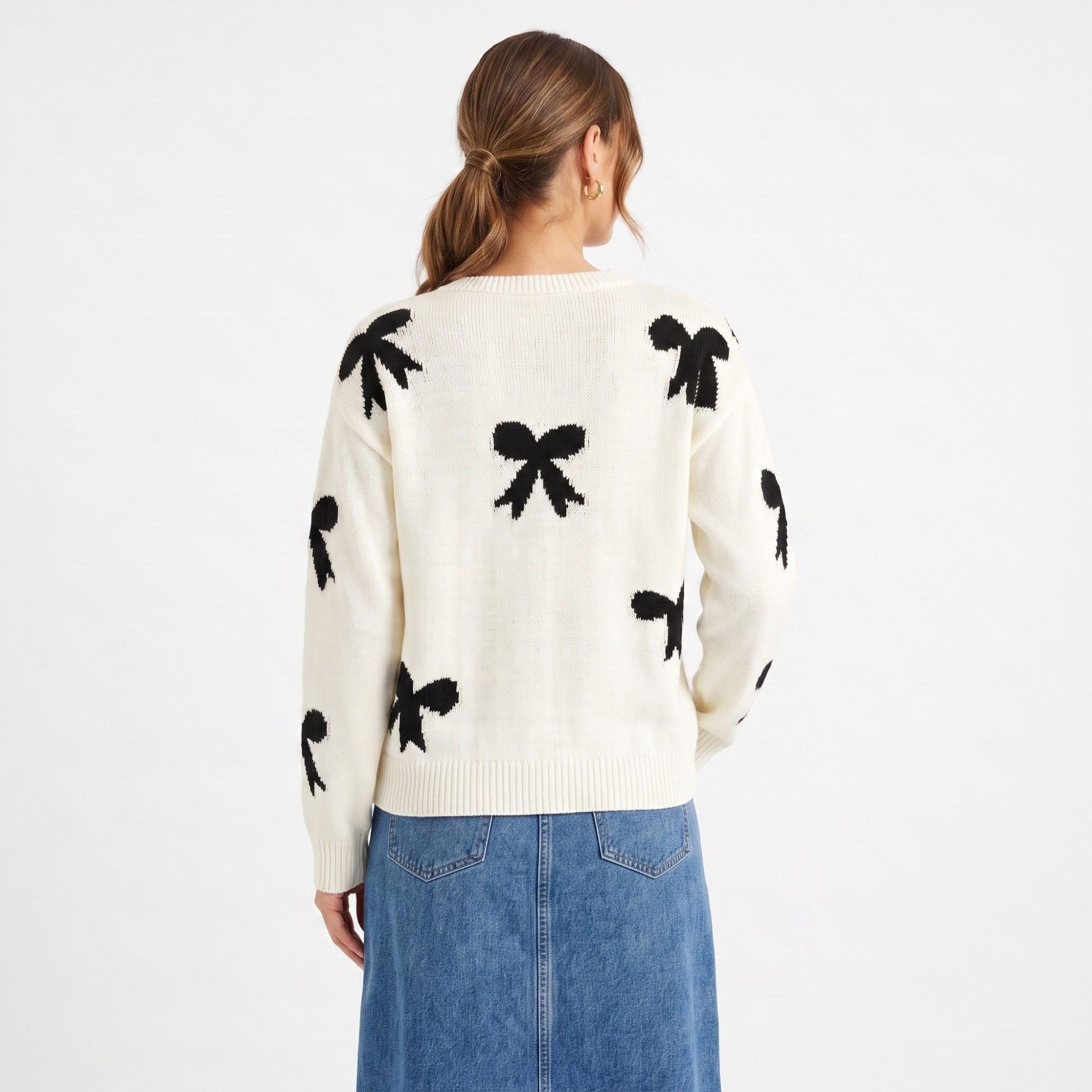 Bow Print Crewneck Long Sleeve Knit Sweater