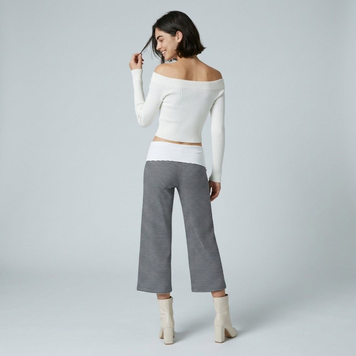 Contrast Foldover Waistband Striped Cropped Wide-Leg Trousers