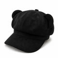 Faux Suede Bear Ear Newsboy Cap Cute Short Brim Baker Boy Hat