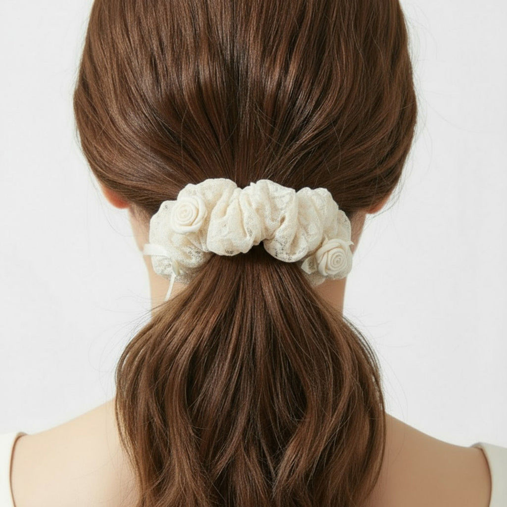 Anna-Kaci 2pcs Sheer Organza Scrunchie with Embroidered Mini Roses and Soft Layered Design