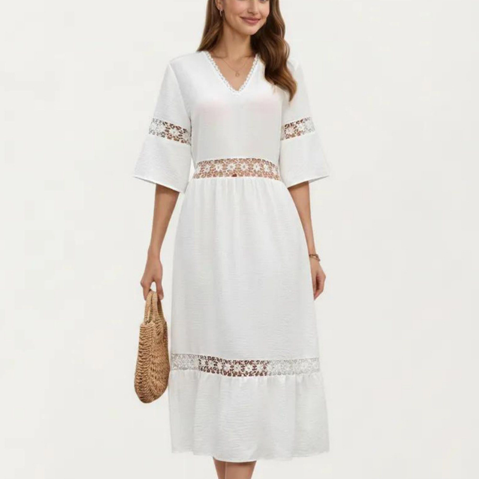 Anna-Kaci Women's V Neck Midi Dress with Lace Trim Paneling and Short Wide Sleeves Flowing Silhouette