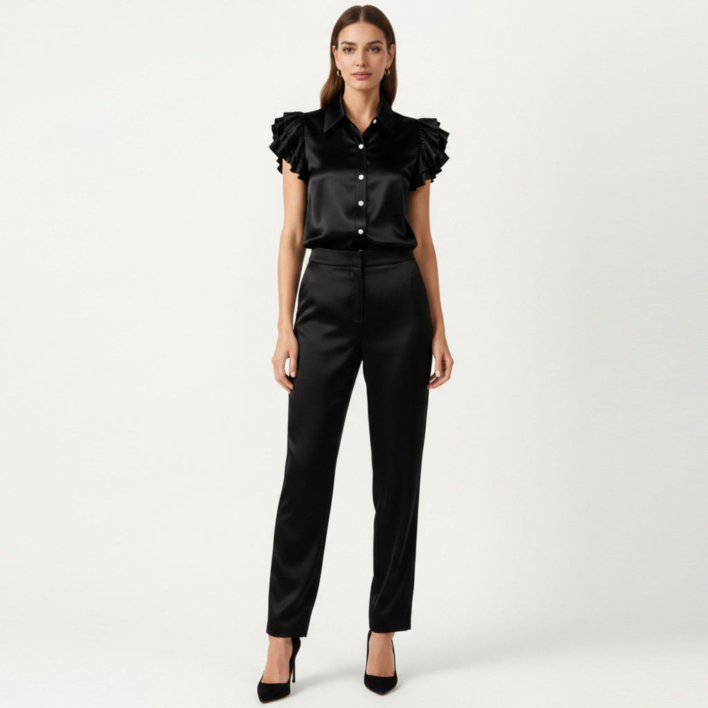 Anna-Kaci Women's Satin Button Down Blouse with Ruffle Sleeves and Collared Neckline