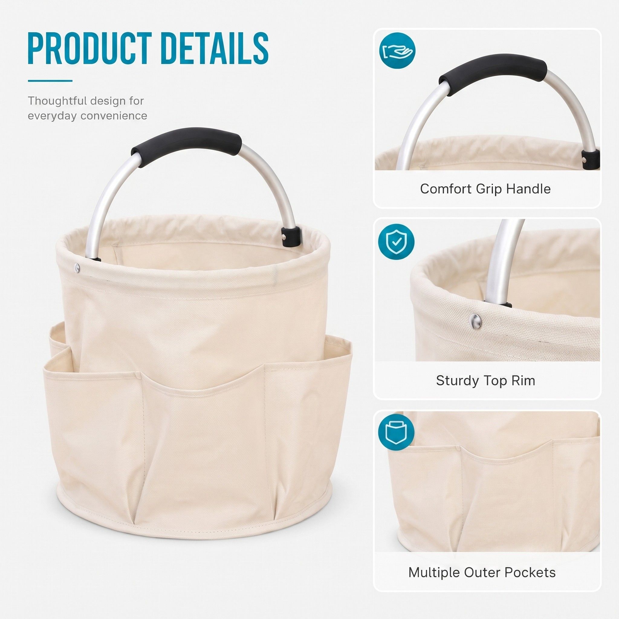 Collapsible Utility Basket with Aluminum Handle and Exterior Pockets