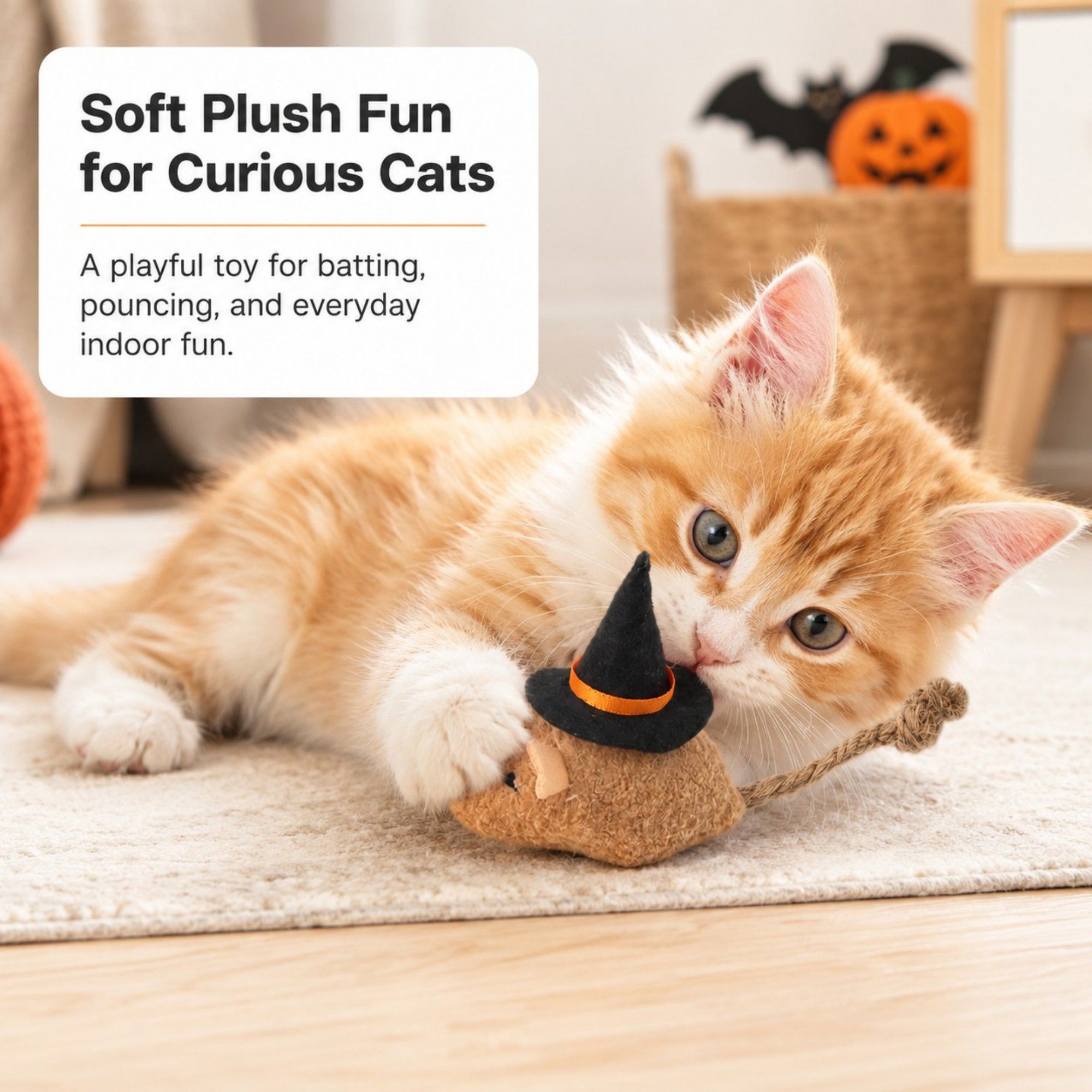 Halloween Witch Mouse Cat Toy with Soft Plush Body and Rope Tail