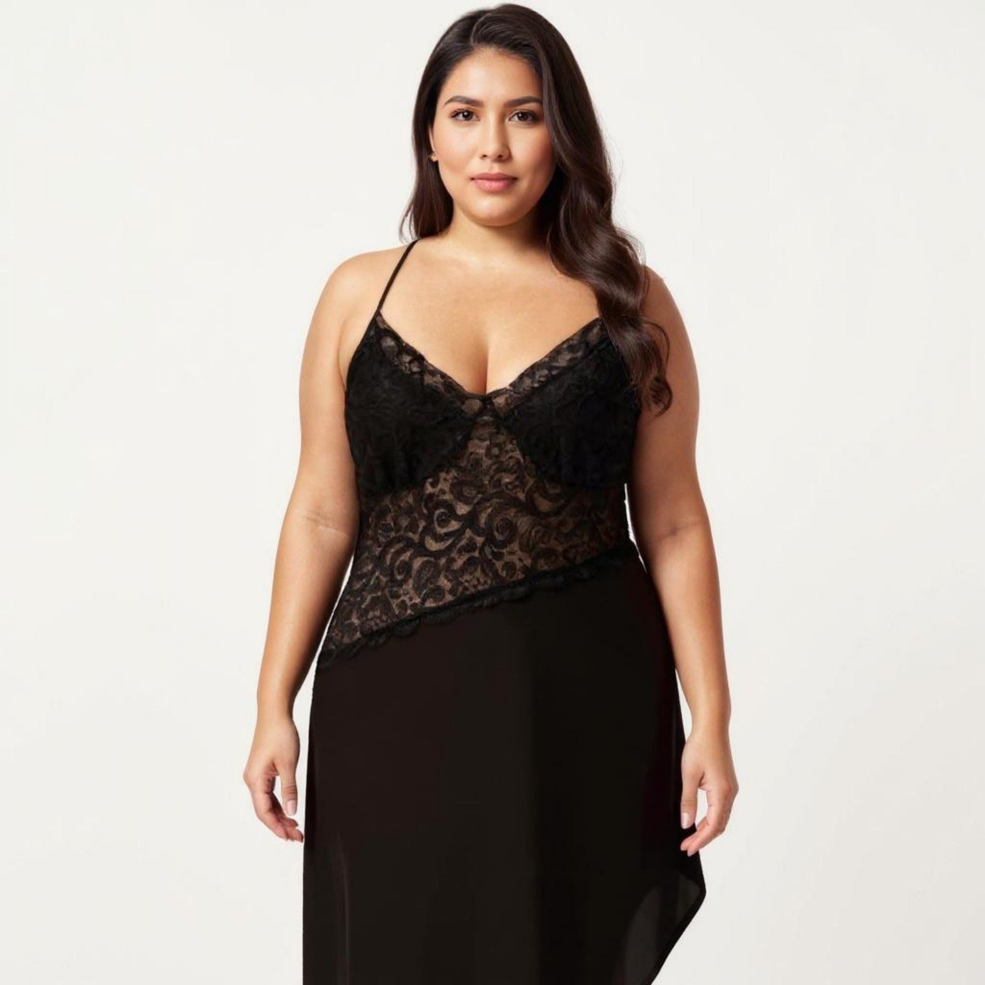 Anna-Kaci Lounge Women's Plus Size Lace Panel Slip Nightgown with Adjustable Spaghetti Straps V Neck Asymmetrical Hem Sleepwear