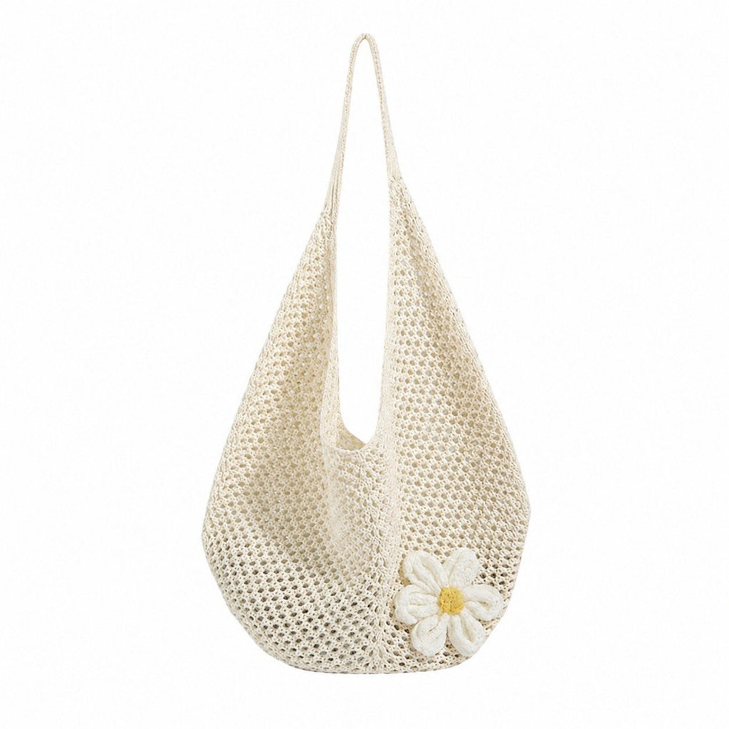 Flower Detail Woven Tote Bag for Women - Lightweight Summer Shoulder Bag for Vacation