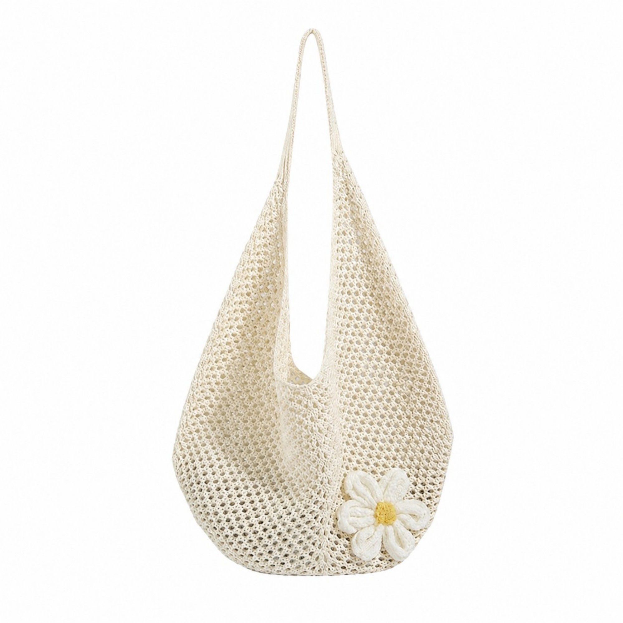 Flower Detail Woven Tote Bag for Women - Lightweight Summer Shoulder Bag for Vacation