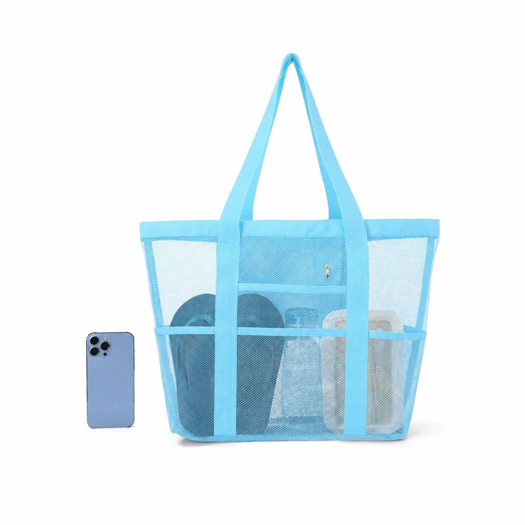 Mesh Beach Tote Bag Large Capacity Travel Shoulder Bag with Exterior Pockets Zipper Top Organizer