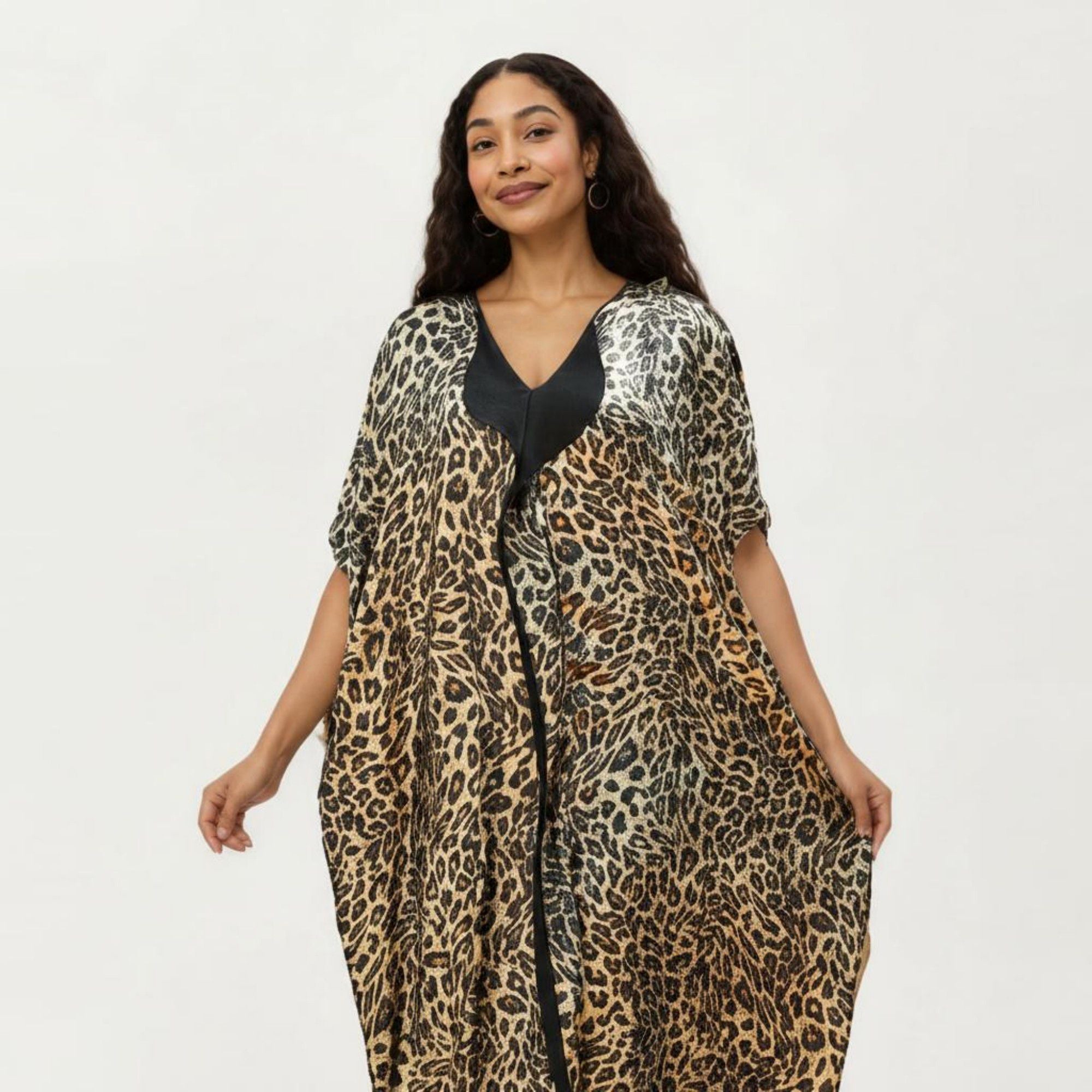 Anna-Kaci Women's Abstract Print Maxi Kaftan Dress with Contrast Trim and Relaxed Flowy Silhouette