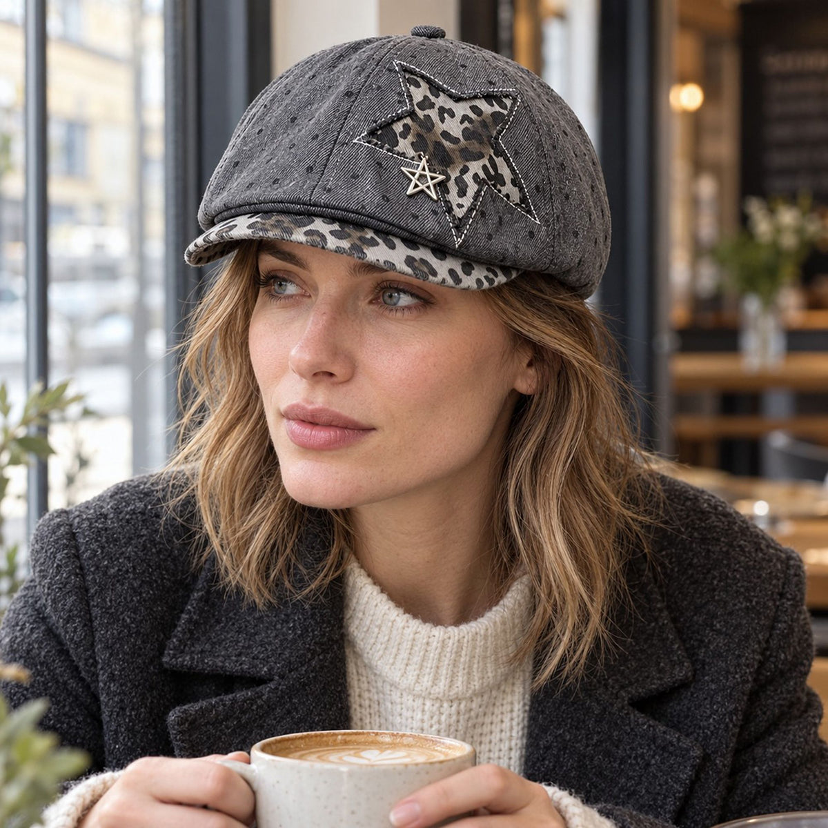 Polka Dot Newsboy Cap with Leopard Print Star and Charm