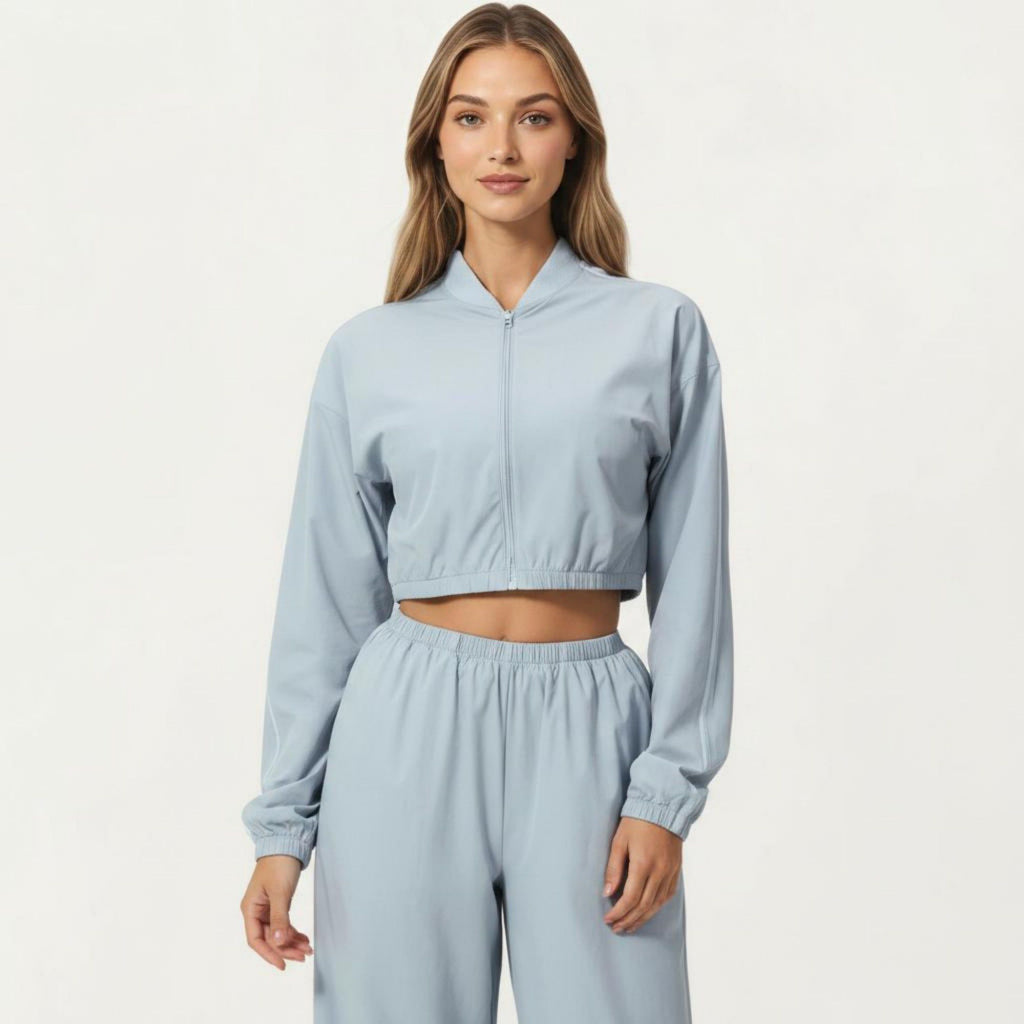 Anna-Kaci Active Women's Cropped Zip Front Jacket with Elastic Hem and Long Sleeves
