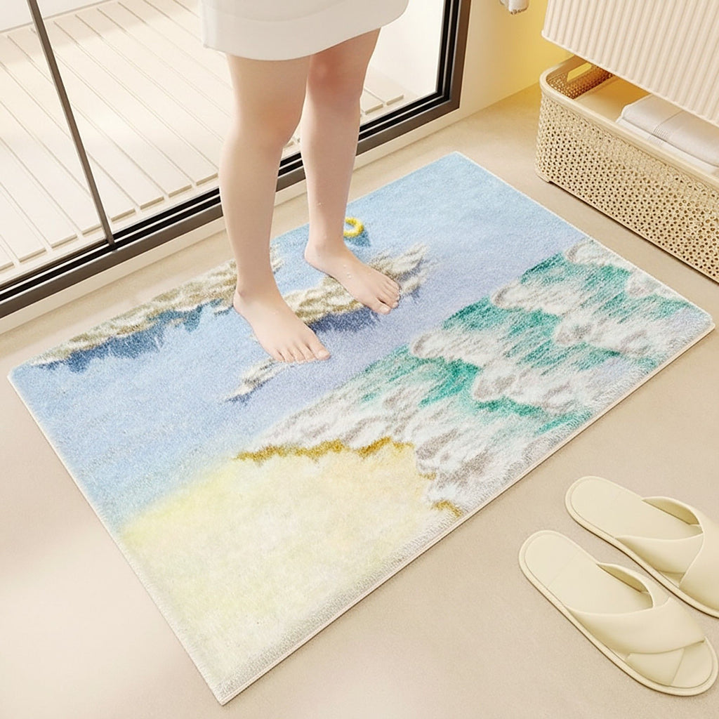 Tufted Floor Mat with Ocean Wave and Cloud Design Non Slip Backing Soft Plush Decorative Indoor Rug