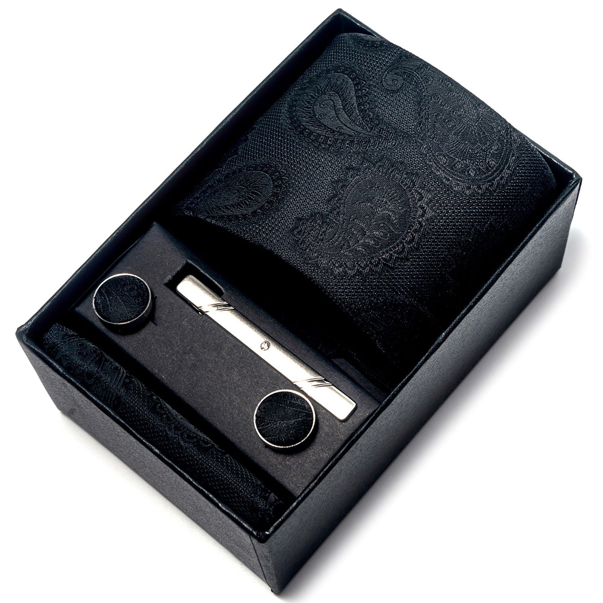 Men's Floral Print Tie Gift Set with Matching Pocket Square Cufflinks and Silver Tie Clip