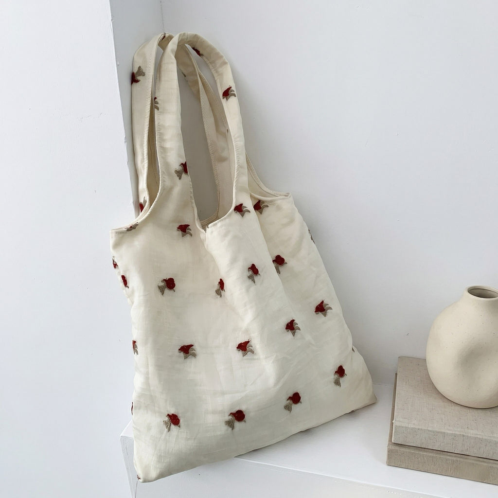 Ditsy Floral Embroidered Shoulder Tote Bag Soft Lightweight Slouchy Everyday Carryall85