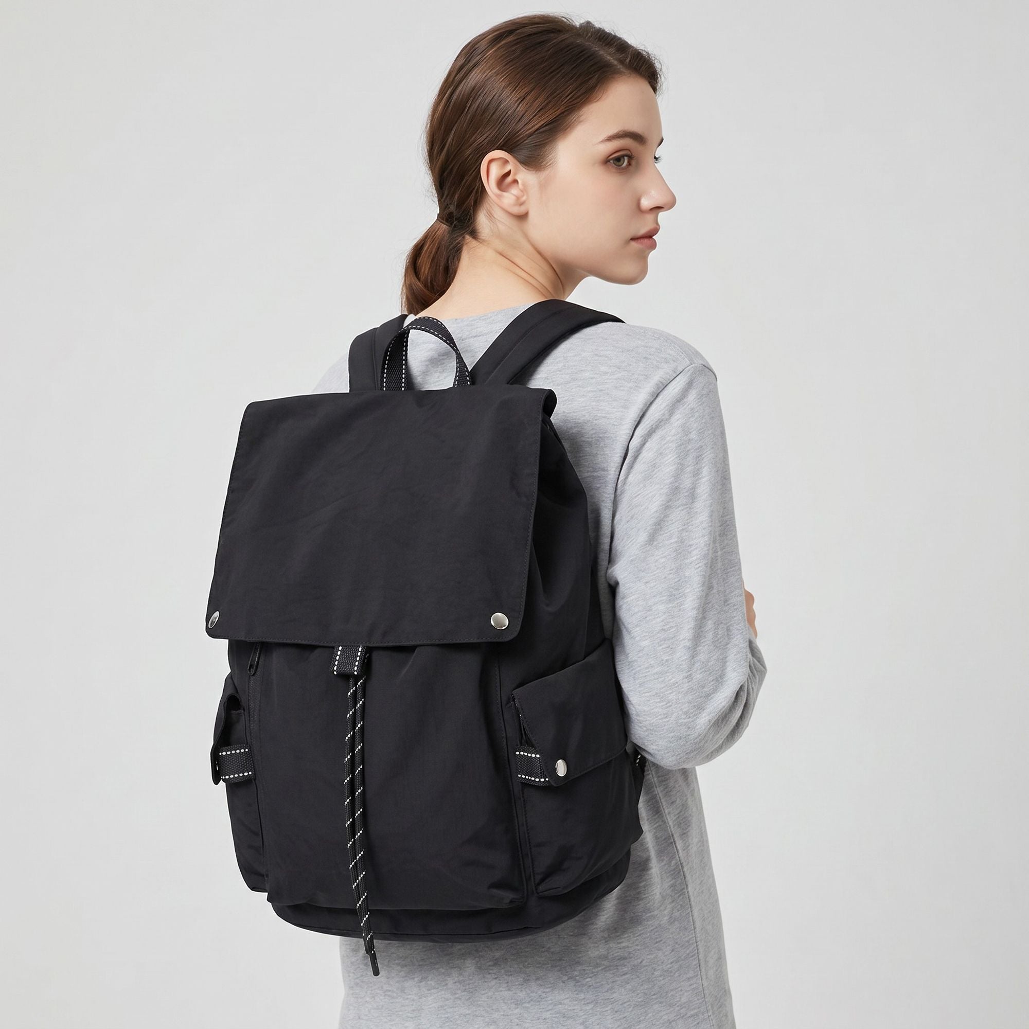 Canvas Flap Backpack with Drawstring Closure Side Pockets and Adjustable Shoulder Straps