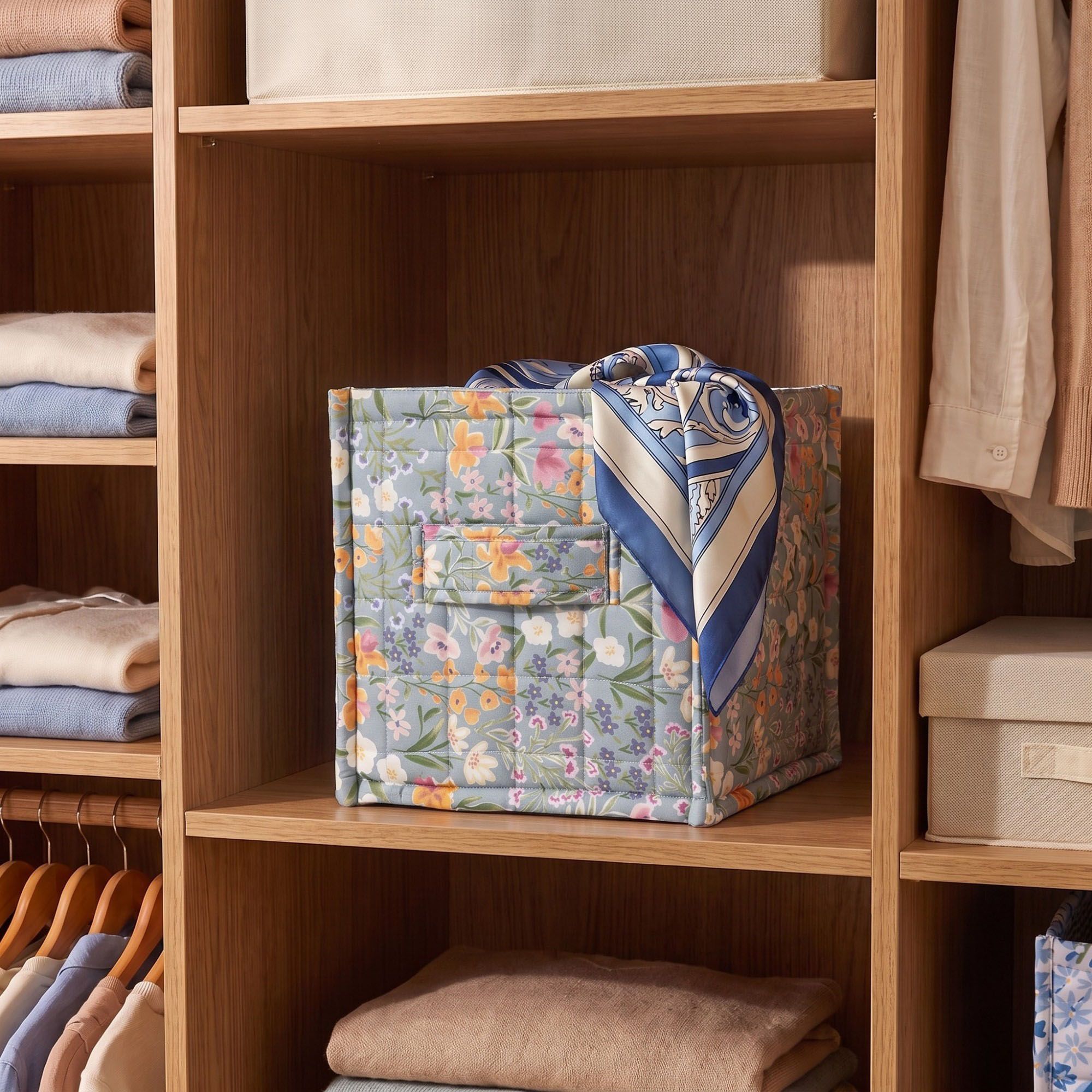 Floral Quilted Fabric Storage Cube Bin with Carry Handles