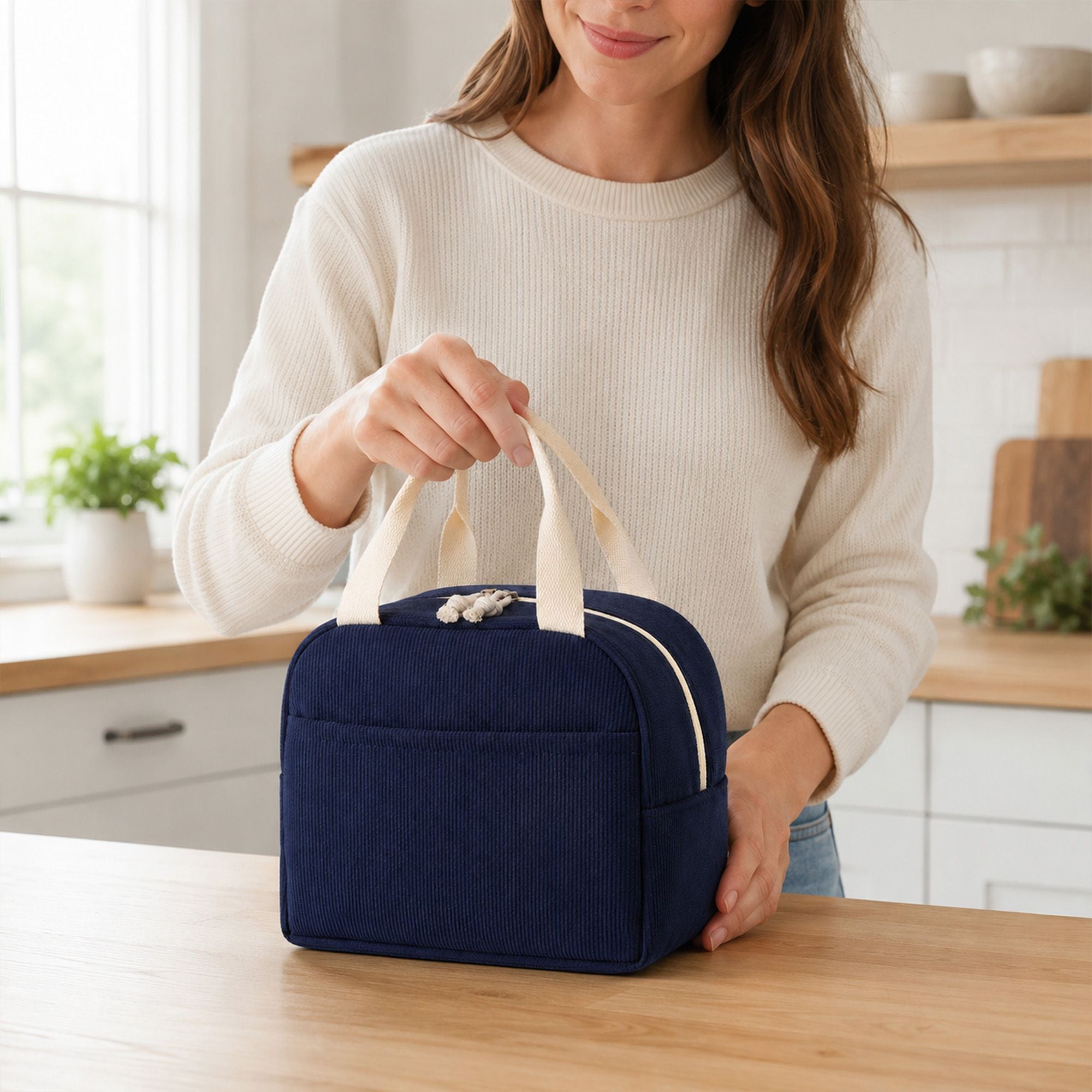 Insulated Corduroy Lunch Bag with Front Pocket