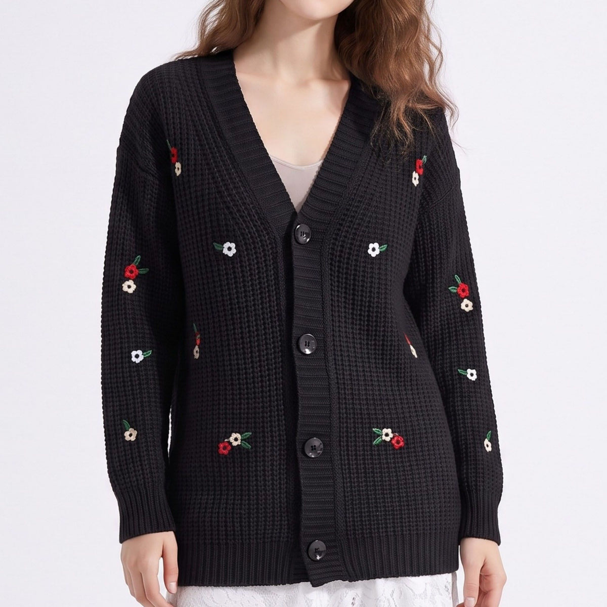 Floral Embroidered Button Front Cardigan