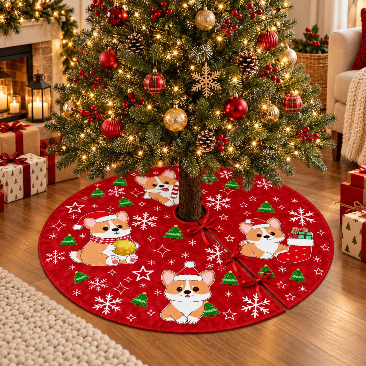 Christmas Tree Skirt with Festive Corgi Dog Print Red Holiday Tree Base Cover