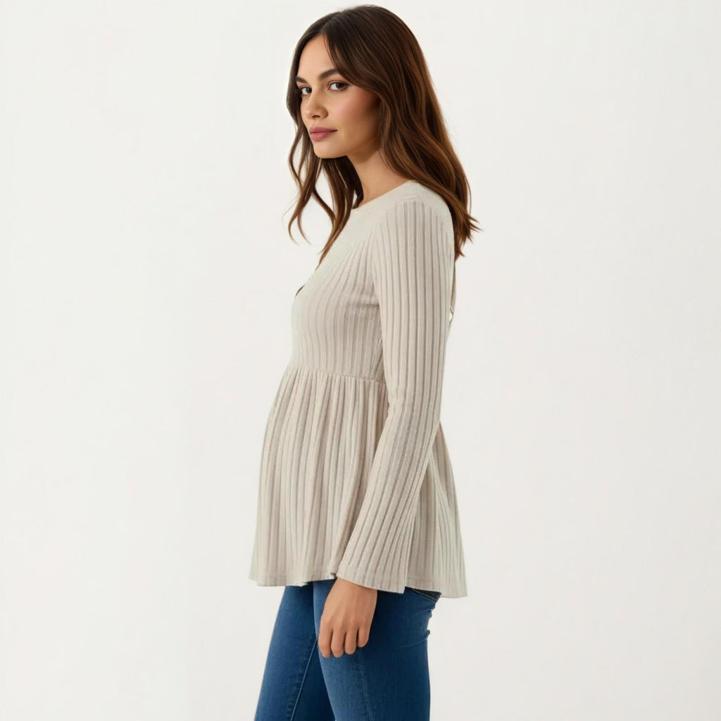 Anna-Kaci Maternity Ribbed Long Sleeve Babydoll Shirt ¨C Empire Waist Peplum Top