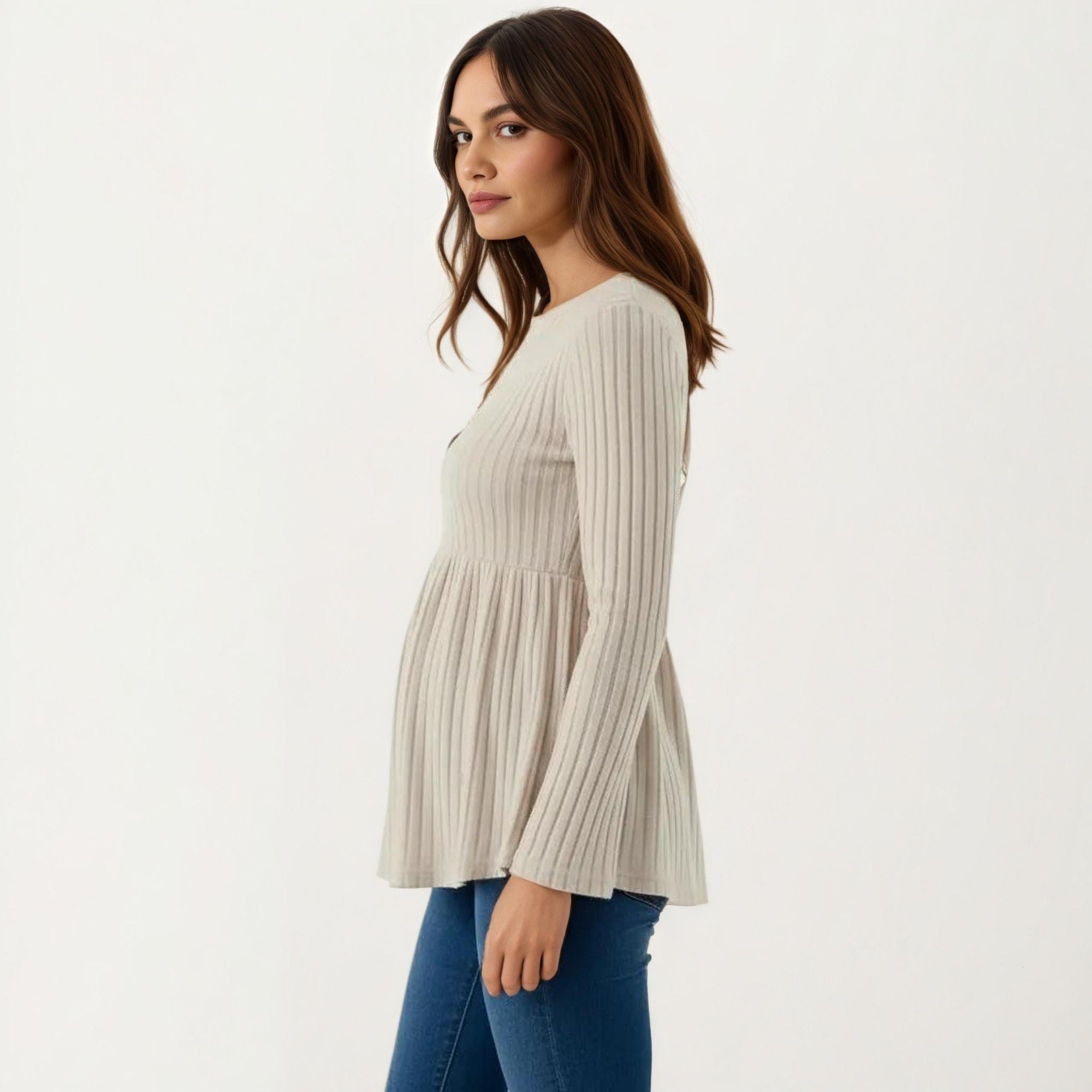 Anna-Kaci Maternity Ribbed Long Sleeve Babydoll Shirt ¨C Empire Waist Peplum Top
