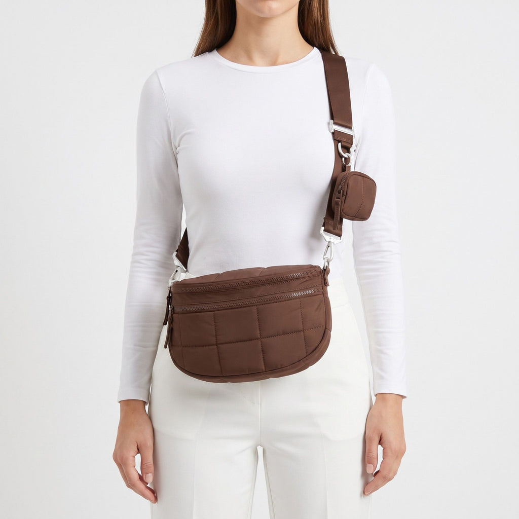 Grid Padded Saddle Crossbody Bag with Detachable Mini Pouch and Adjustable Wide Shoulder Strap 10.2x4.5x8.3in