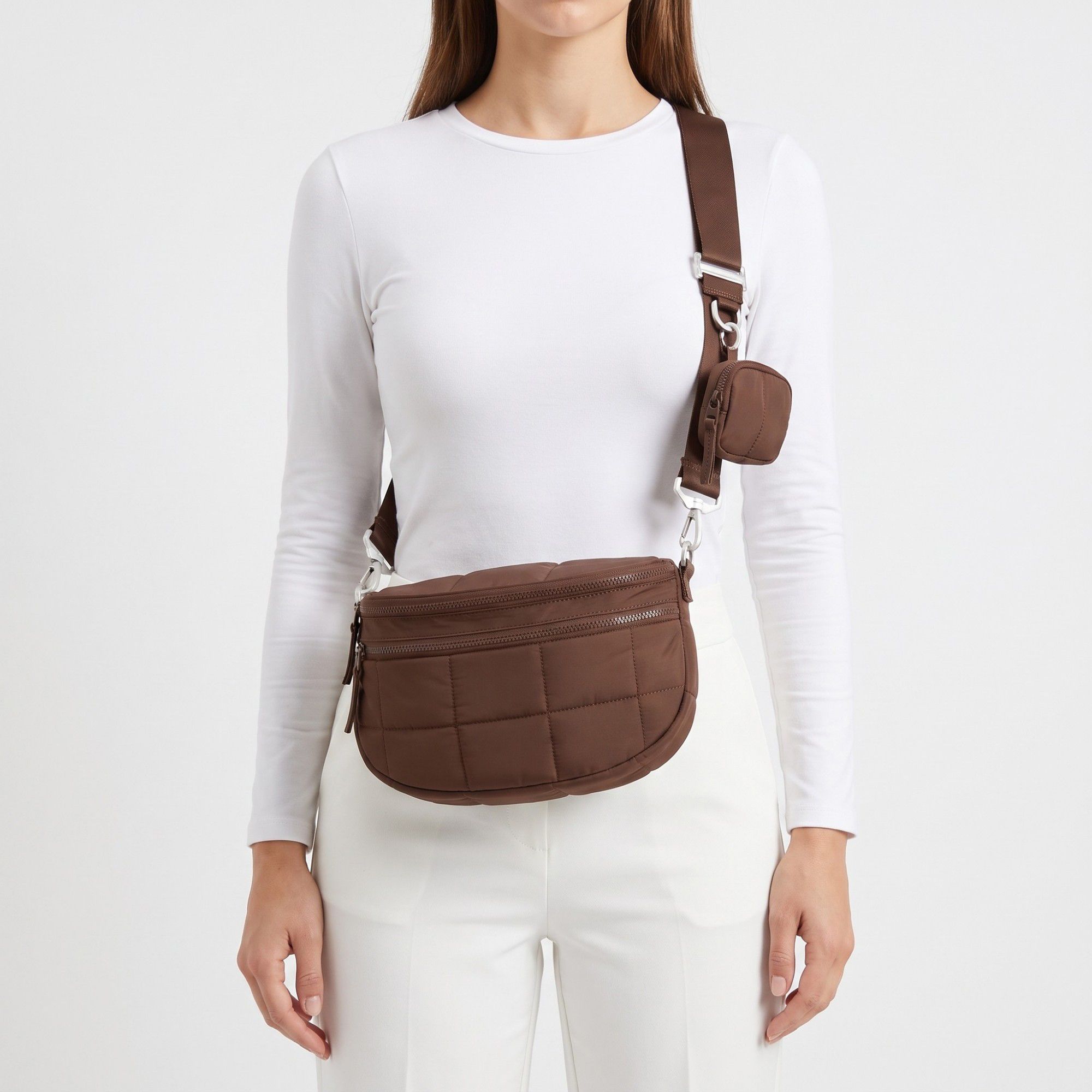 Grid Padded Saddle Crossbody Bag with Detachable Mini Pouch and Adjustable Wide Shoulder Strap 10.2x4.5x8.3in
