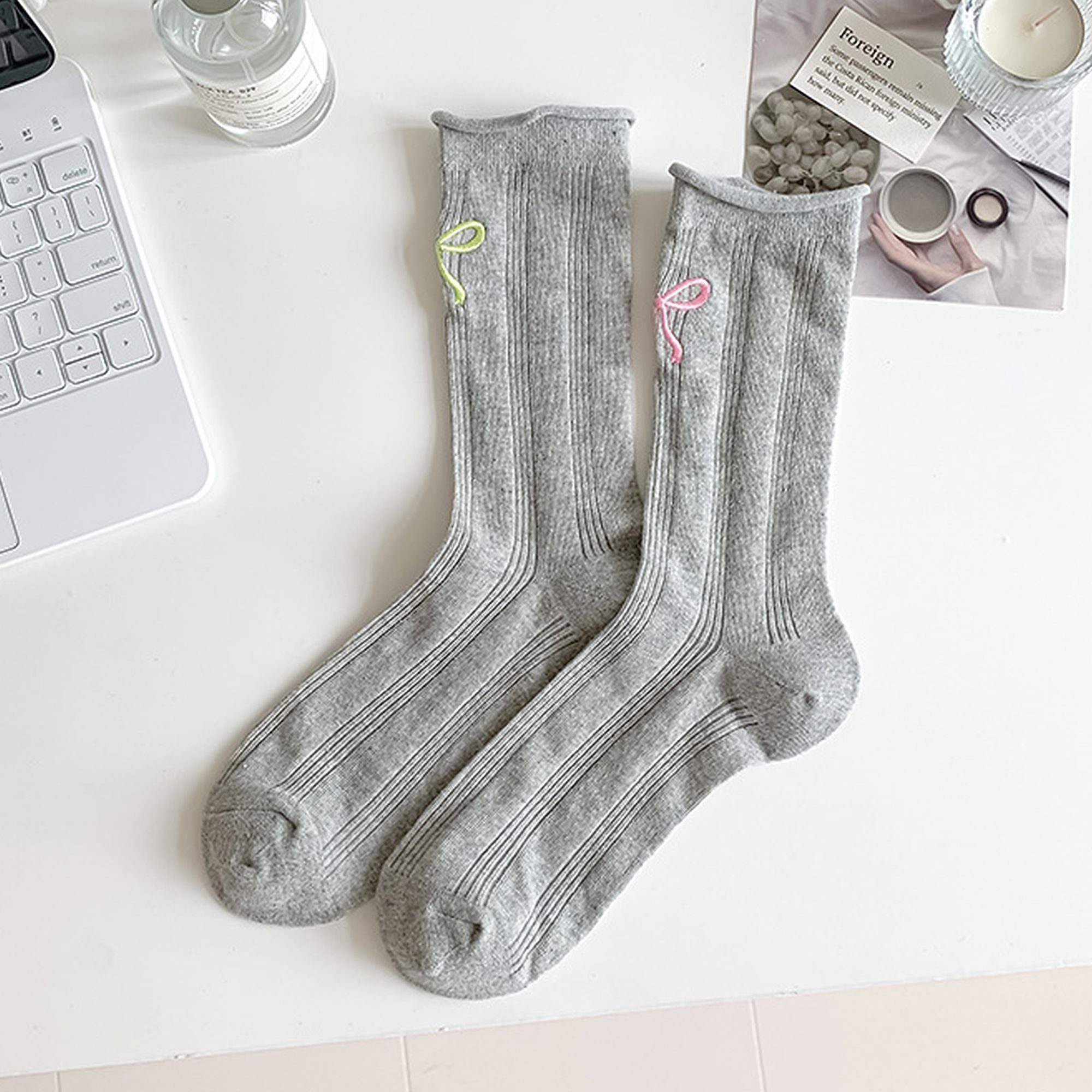 Anna-Kaci Adorable Women's Bow-Embroidered Ribbed Ankle Socks 5Pk