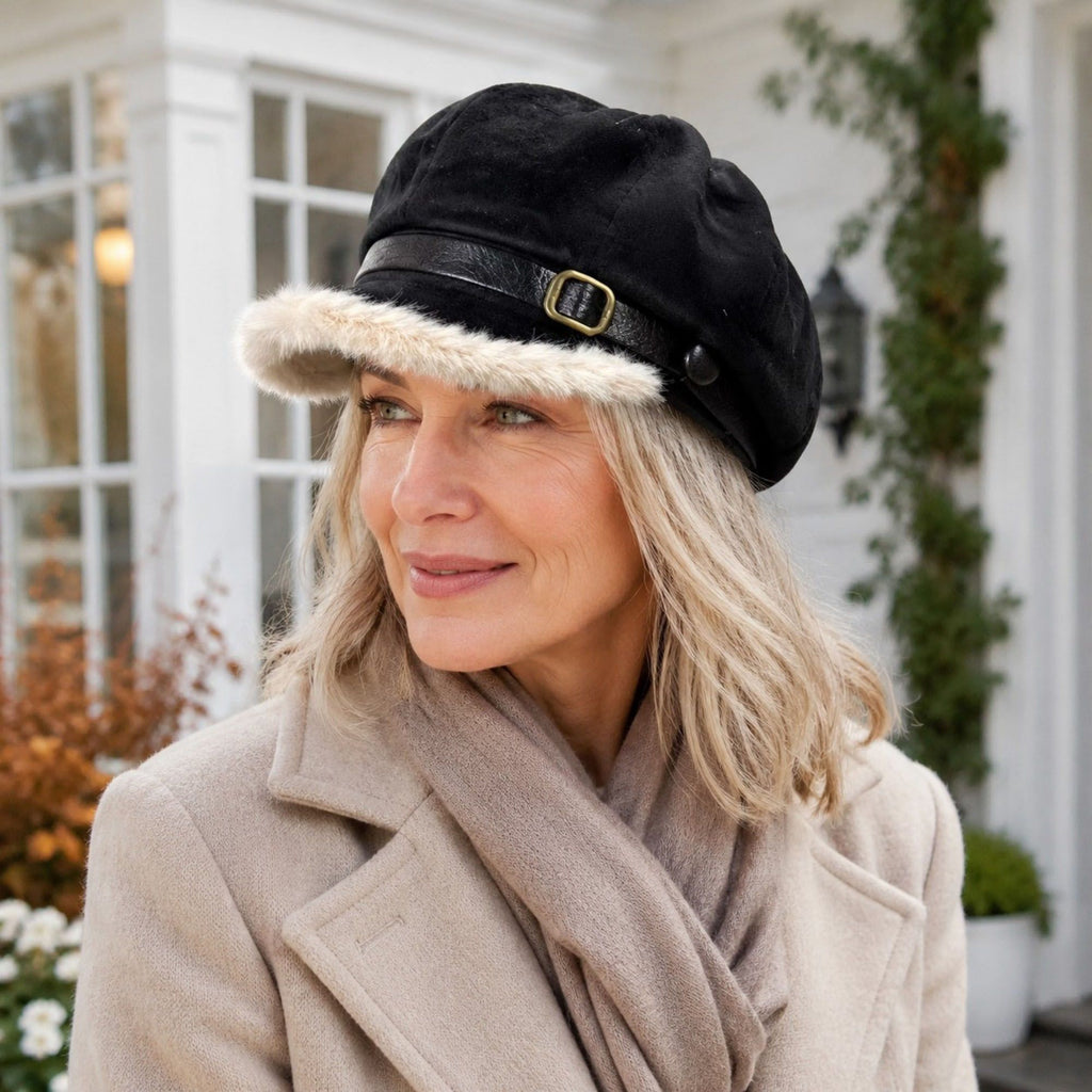 Faux Suede Newsboy Cap with Faux Fur Trim