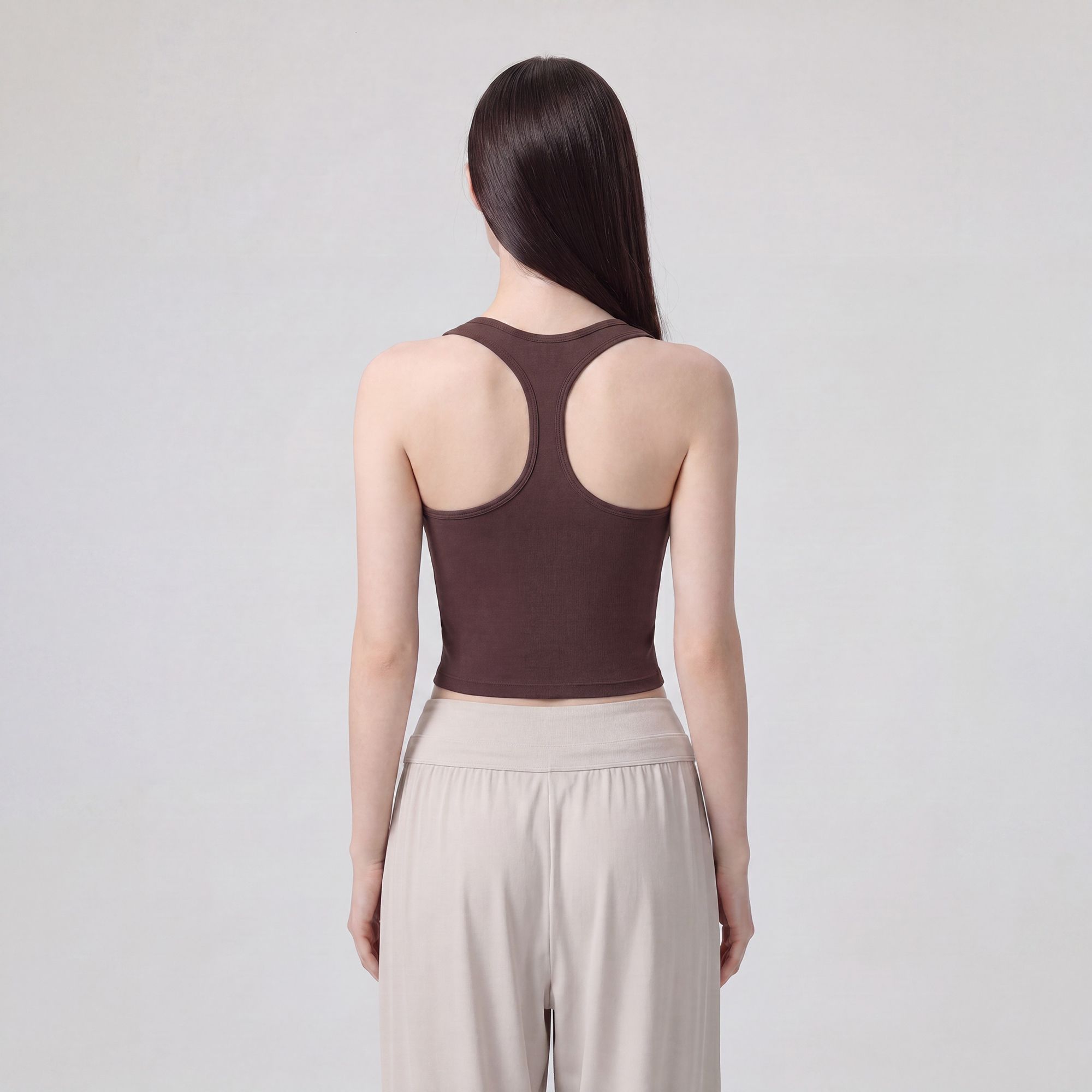 Sleeveless Yoga Tank Top with Built In Padding Scoop Neck Cutout Strap Detail and Fitted Activewear Silhouette