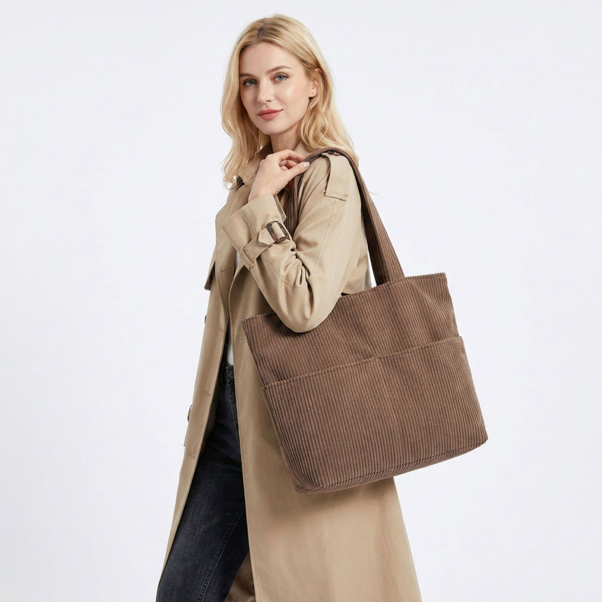 Corduroy Tote Bag Large Capacity Shoulder Bag with Front Pocket and Zipper Closure