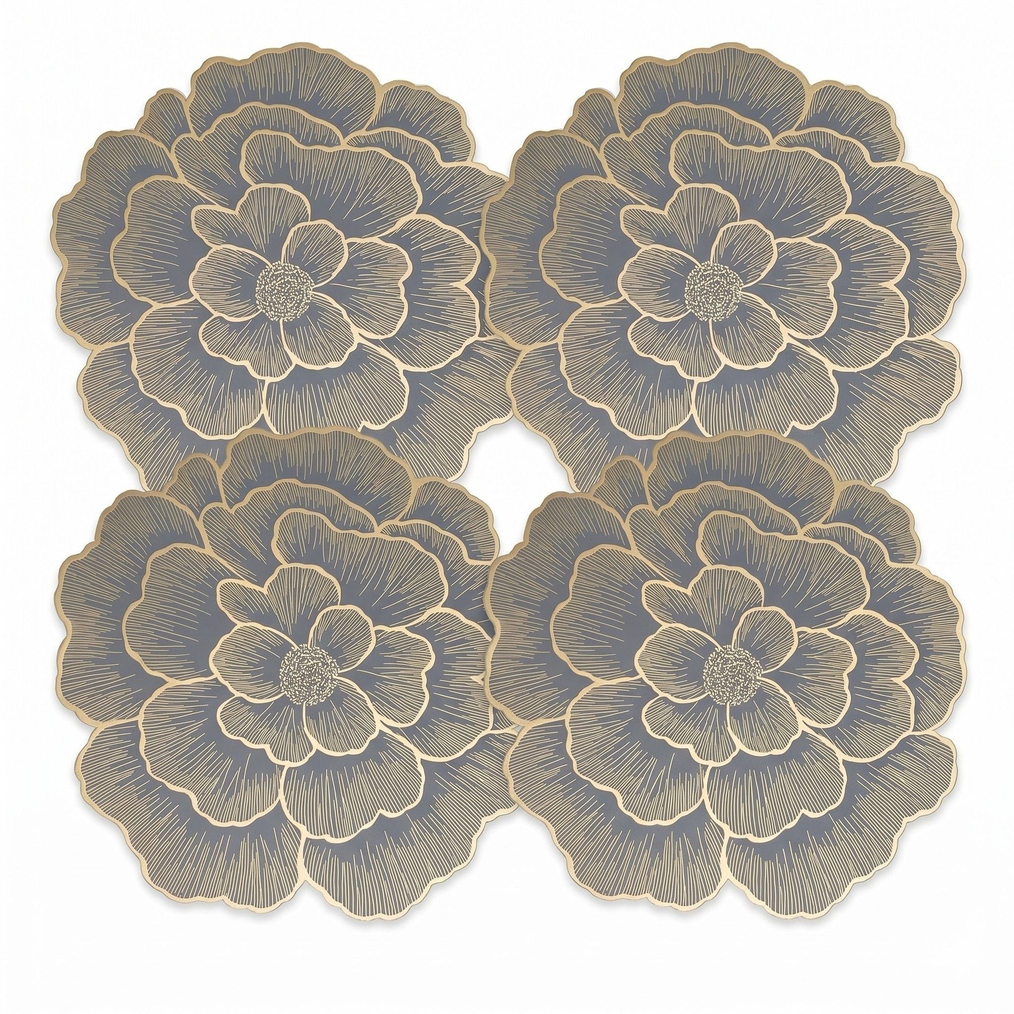 4 Pack Floral Round PVC Placemats Gold Trim Washable Heat Resistant Table Mats