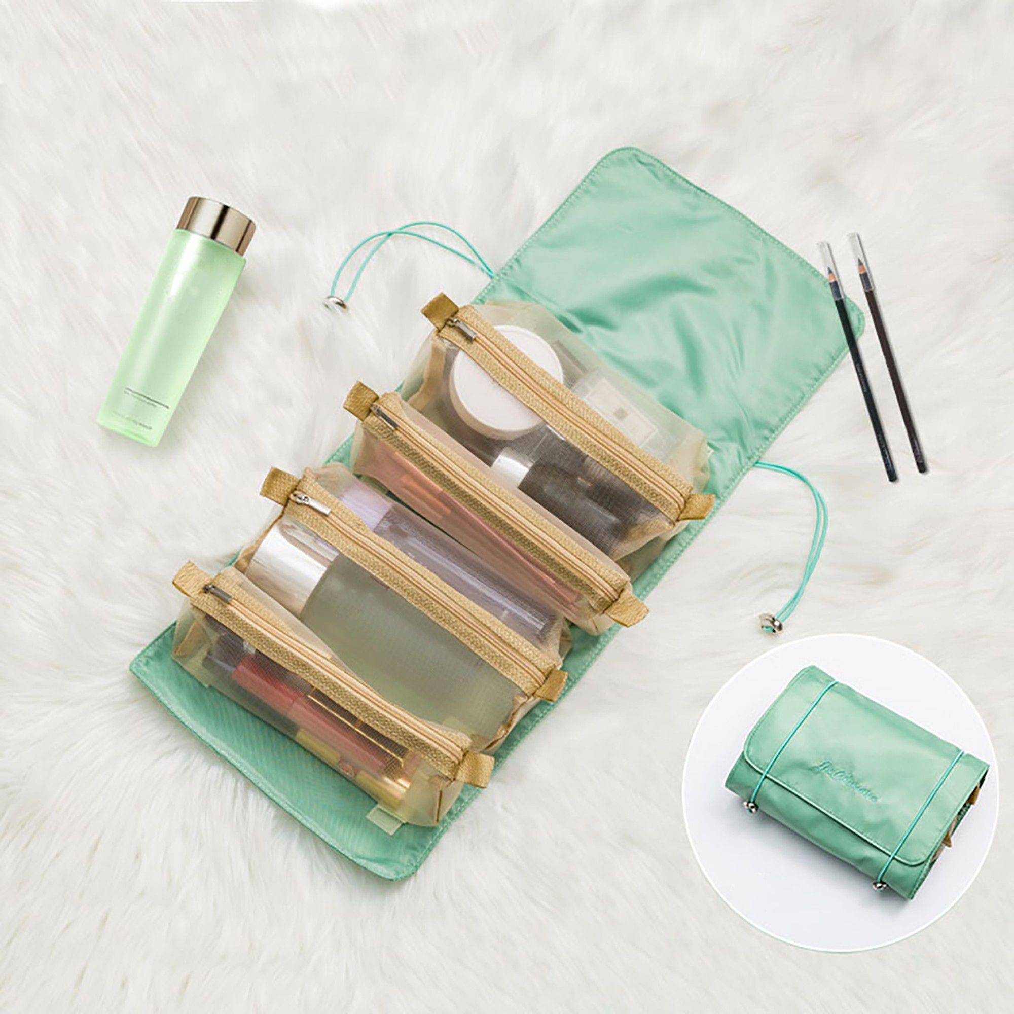 Hanging Travel Toiletry Bag with Clear Zipper Compartments and Roll-Up Organizer Design
