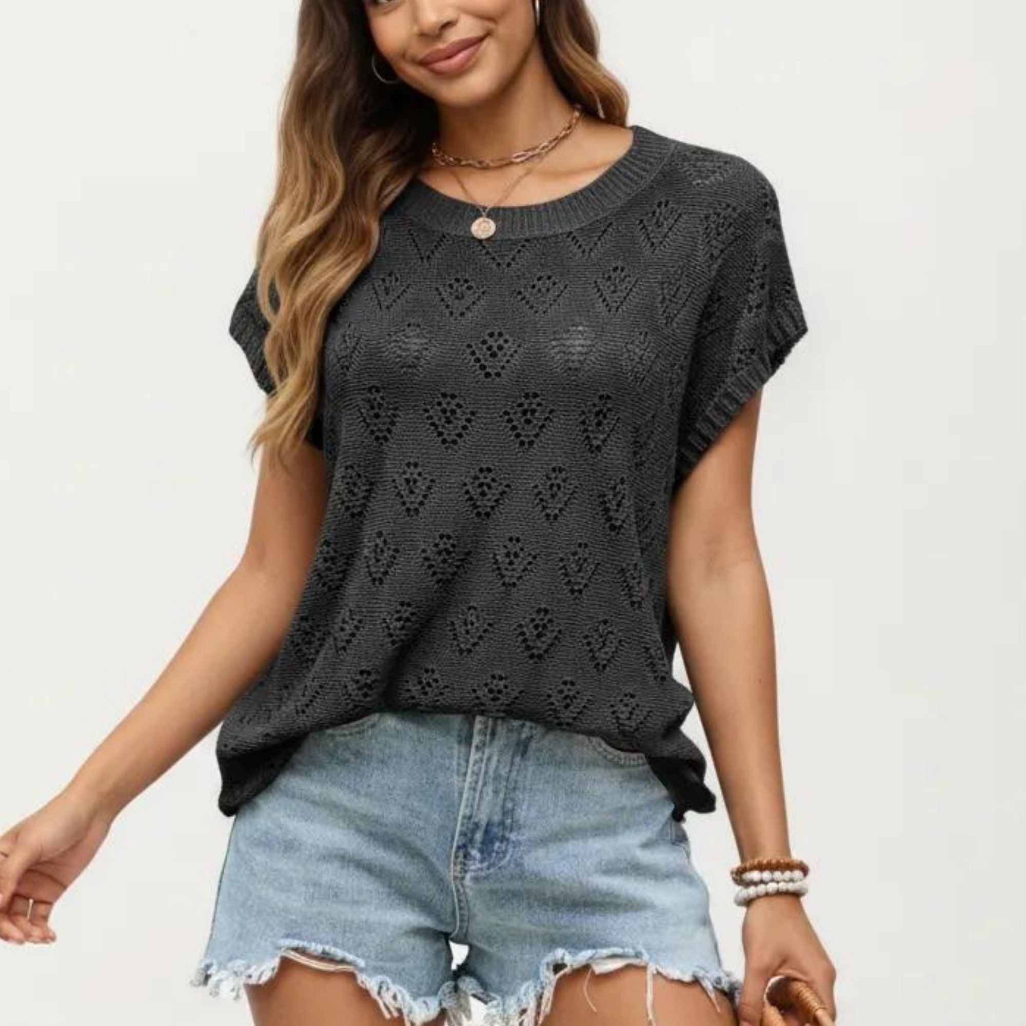 Anna-Kaci Women's Short Sleeve Knit Top with Floral Eyelet Pattern and Ribbed Crew Neck