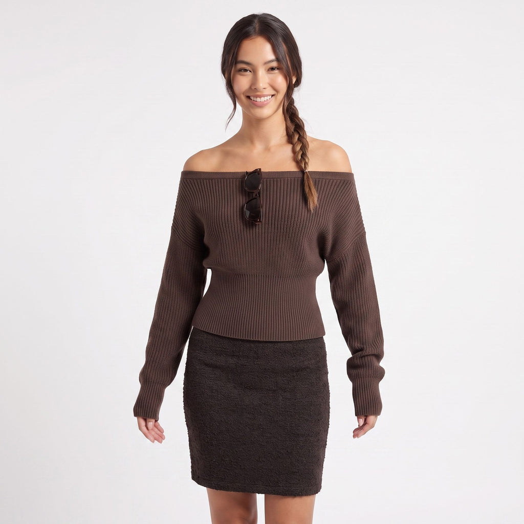 Off Shoulder Ribbed Waist Long Sleeve Knit Sweater