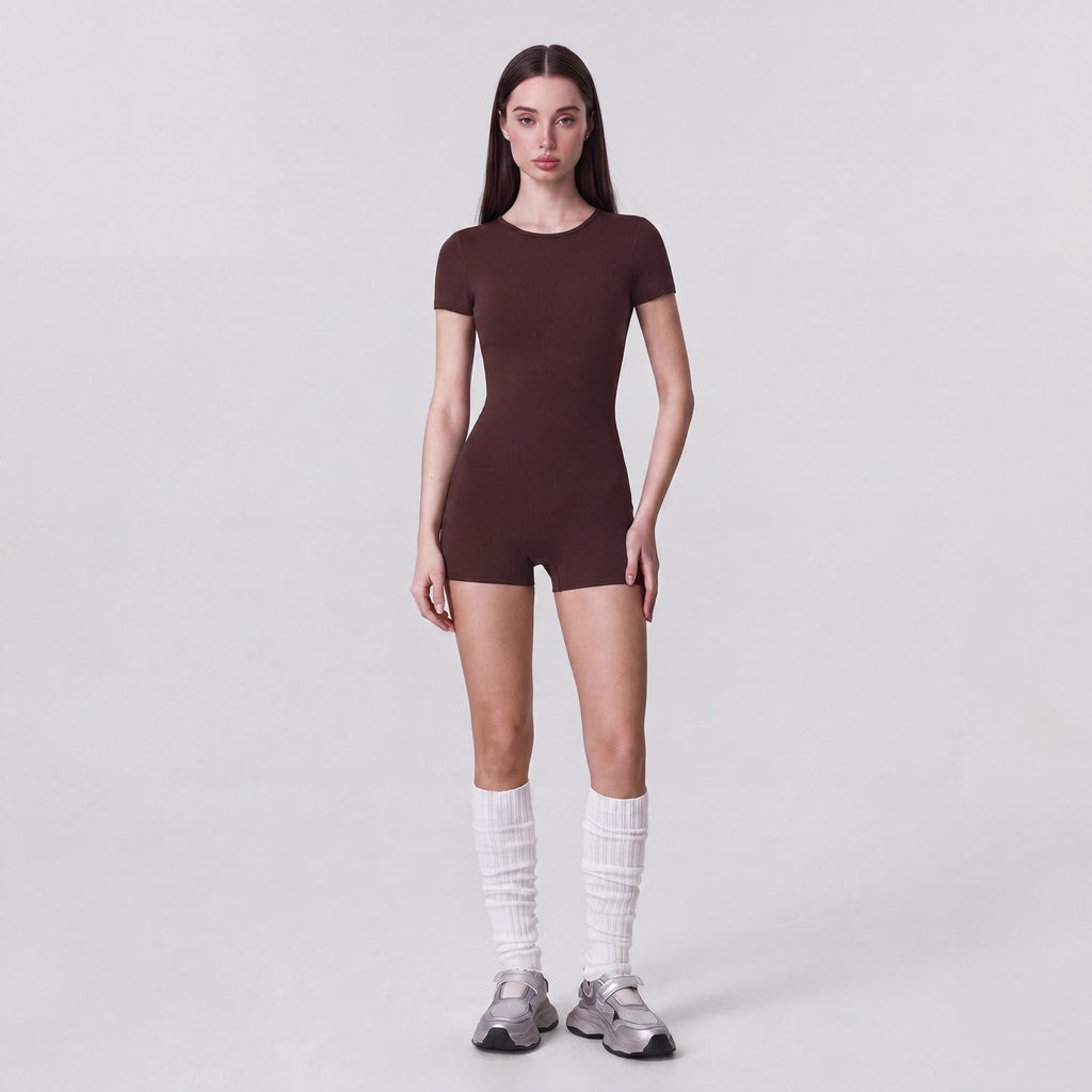 Short Sleeve One Piece Active Romper with Crew Neck Built In Padding Fitted Shorts and Smooth Stretch Fabric