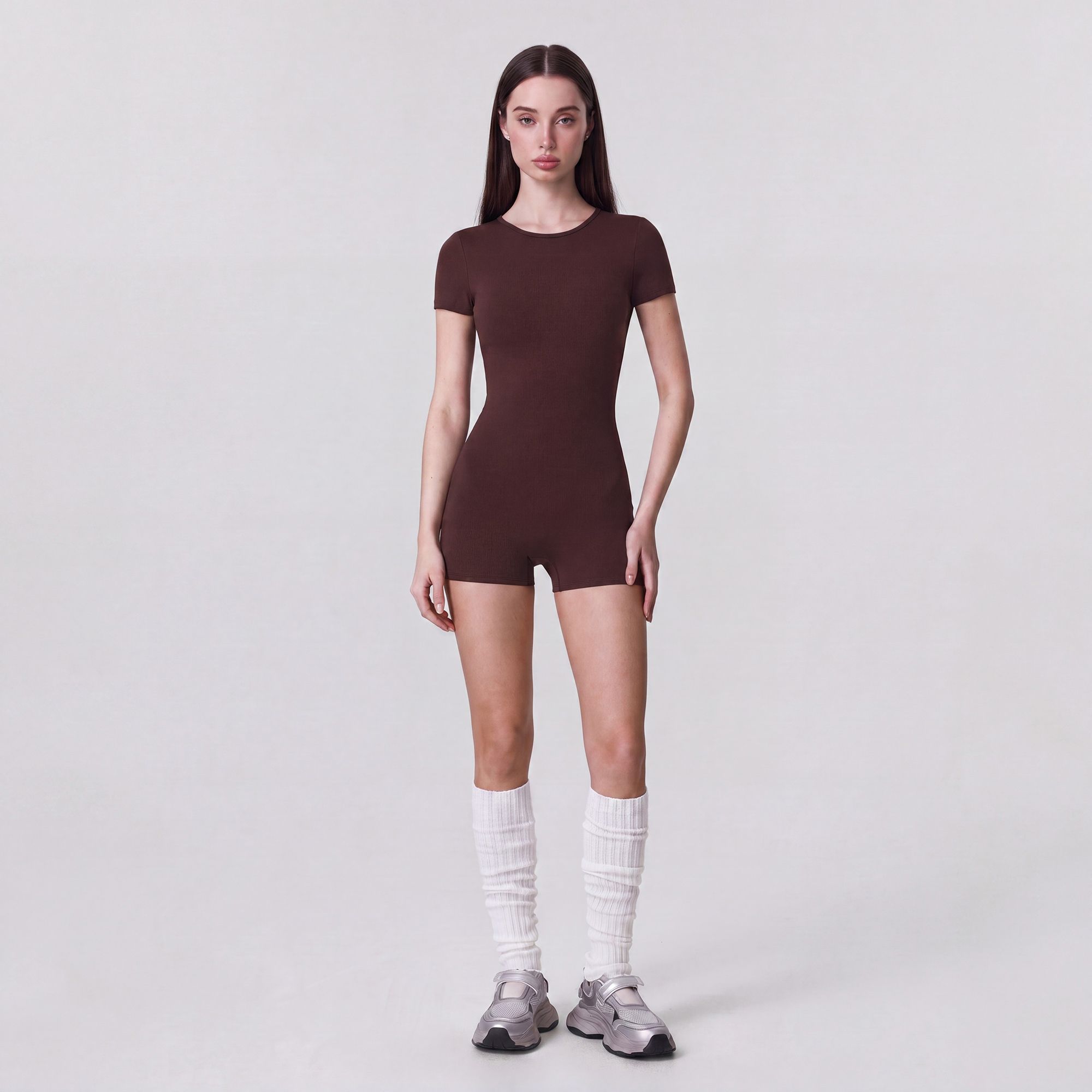 Short Sleeve One Piece Active Romper with Crew Neck Built In Padding Fitted Shorts and Smooth Stretch Fabric