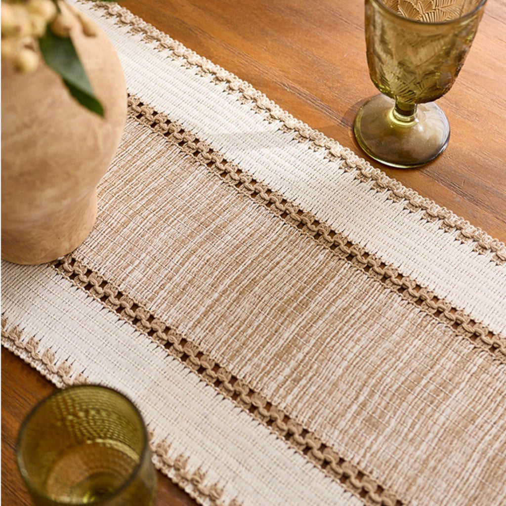 Textured Woven Table Runner with Fringe Trim and Neutral Stripe Pattern 47x11.8 in