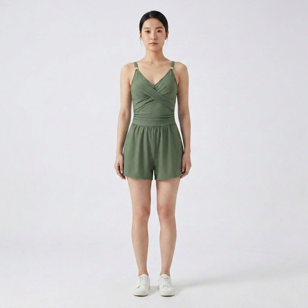 Anna-Kaci Swim Womens One Piece Swim Romper with Wrap V Neck Cross Front Bodice Adjustable Straps and Attached Shorts